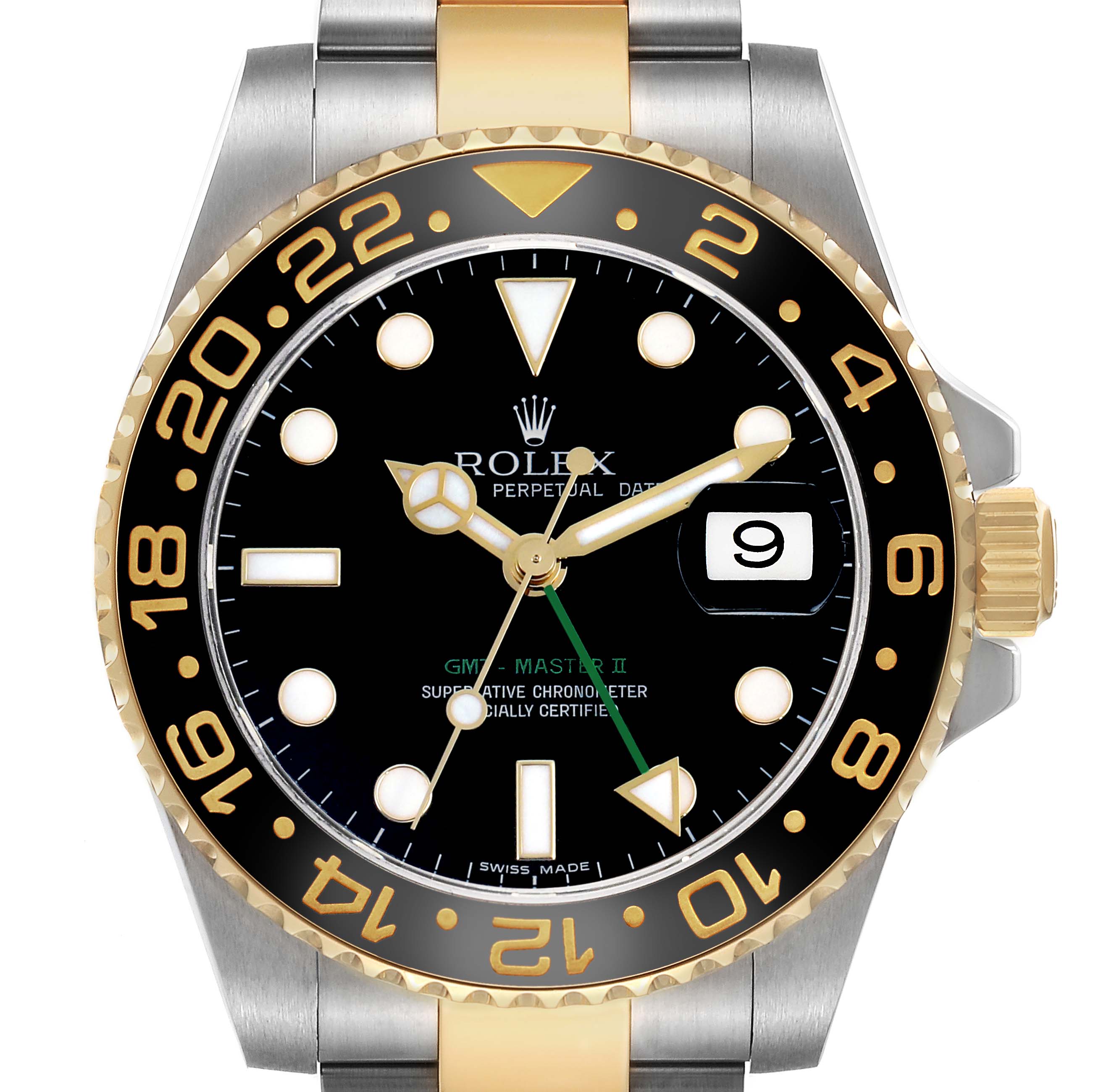 The Rolex GMT-Master 116713LN Men's Stainless Steel Black Dial watch is shown from a straight-on angle, displaying its dial, bezel, and crown.