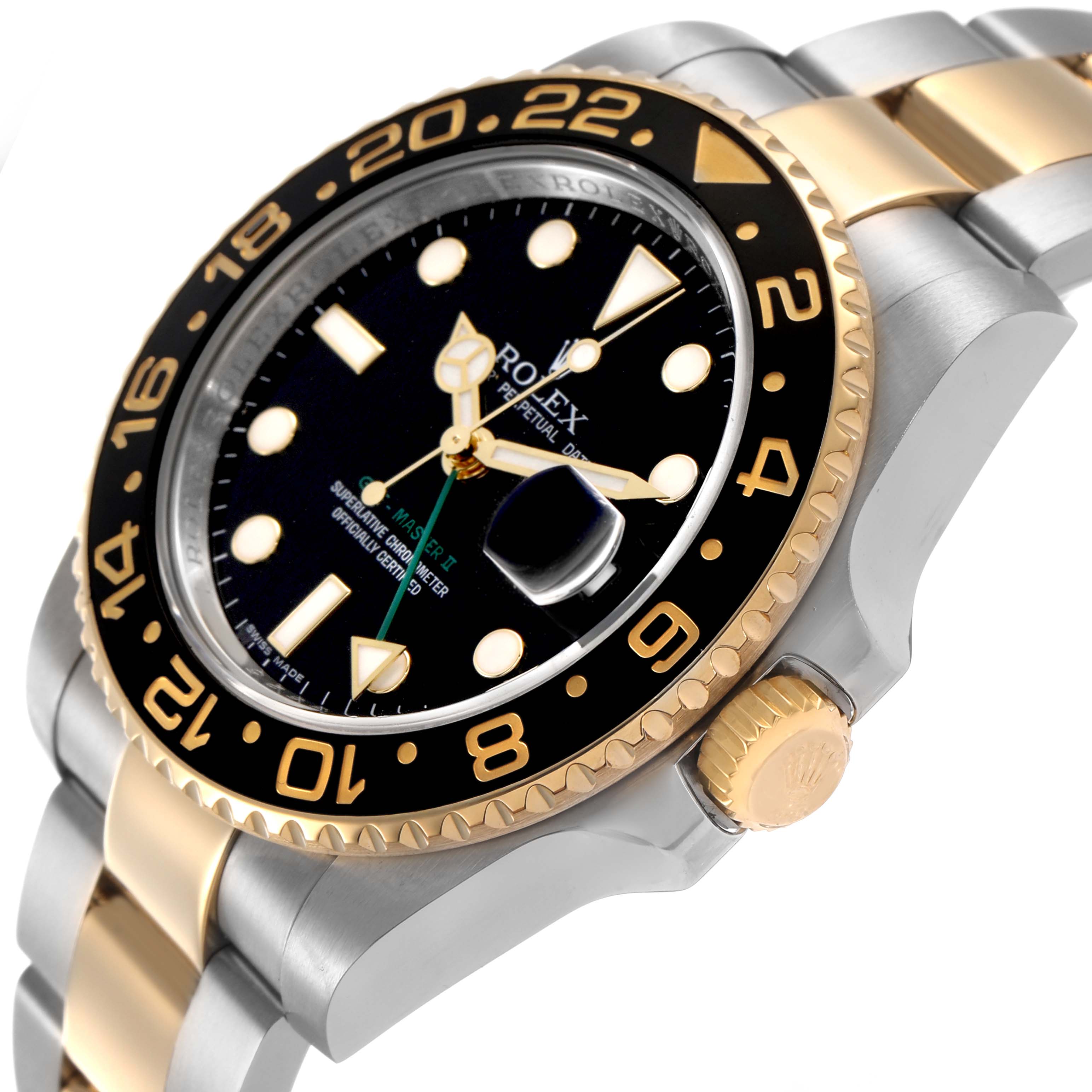 The Rolex GMT-Master 116713LN Men's Stainless Steel Black Dial watch is shown at an angled side view, highlighting the bezel, crown, and part of the bracelet.