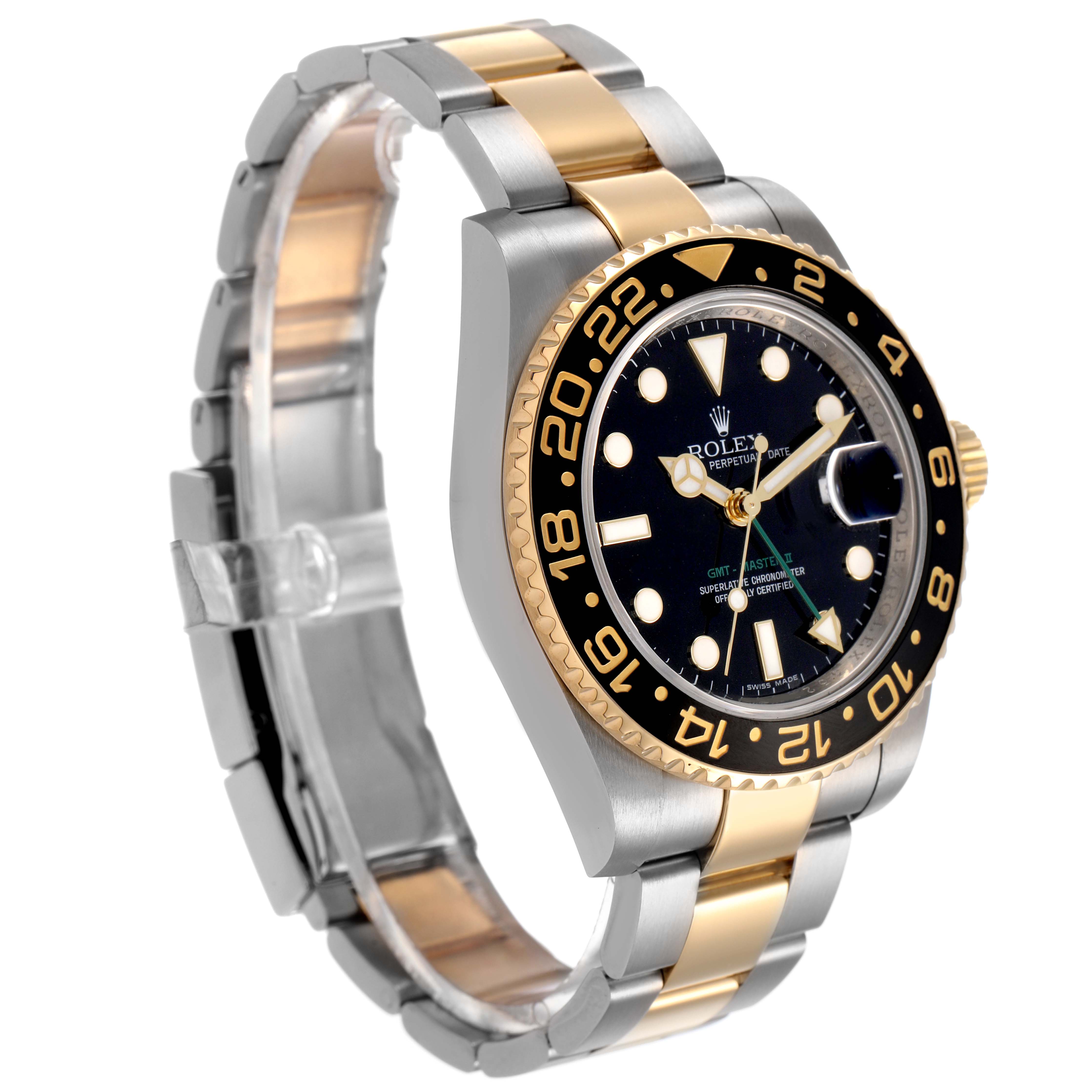 The Rolex GMT-Master 116713LN Men's Stainless Steel Black Dial watch is shown at a three-quarter angle, highlighting its two-tone bracelet and black and gold bezel.