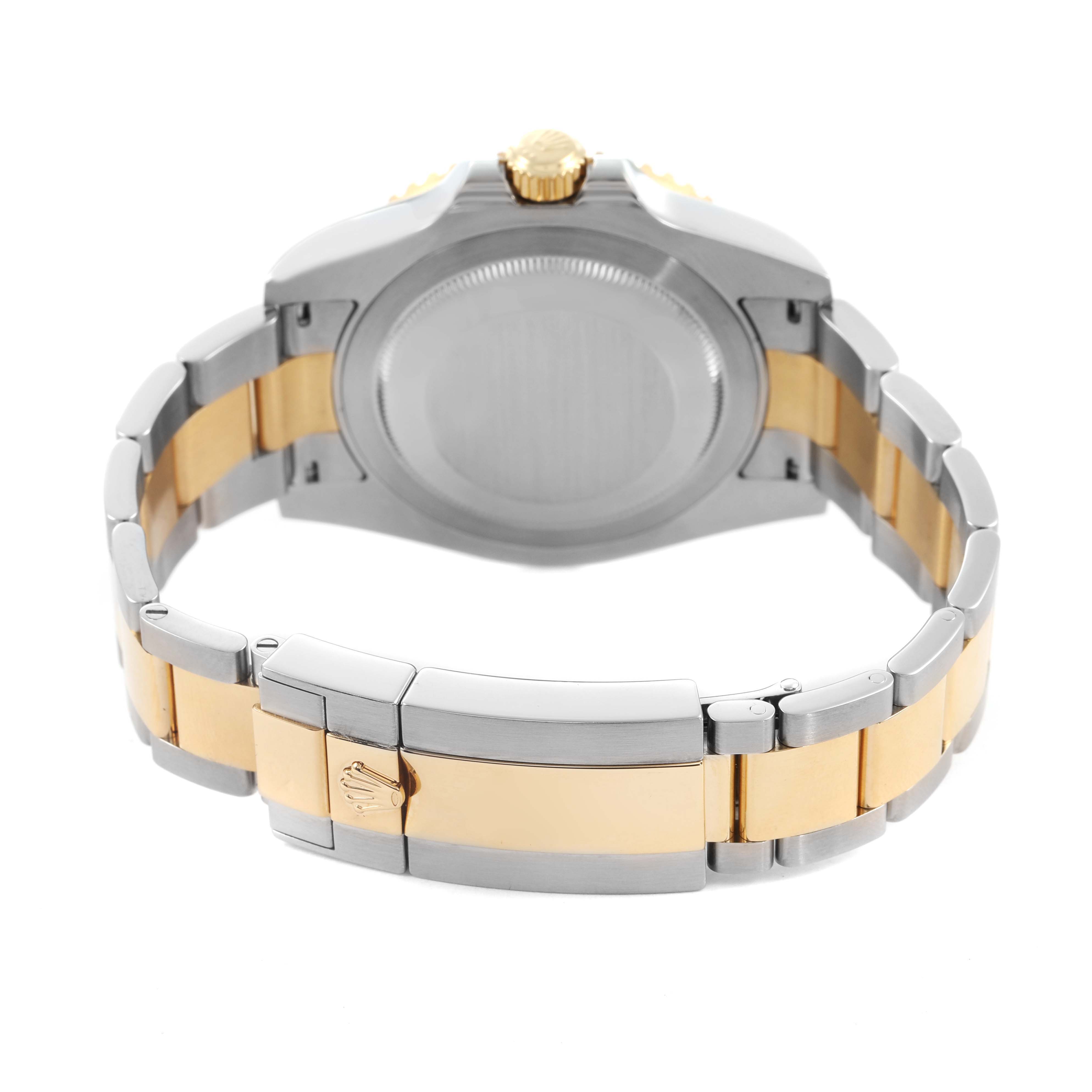 The image shows the back and bracelet of a Rolex GMT-Master 116713LN Men's Stainless Steel Black Dial, featuring a two-tone metallic design.