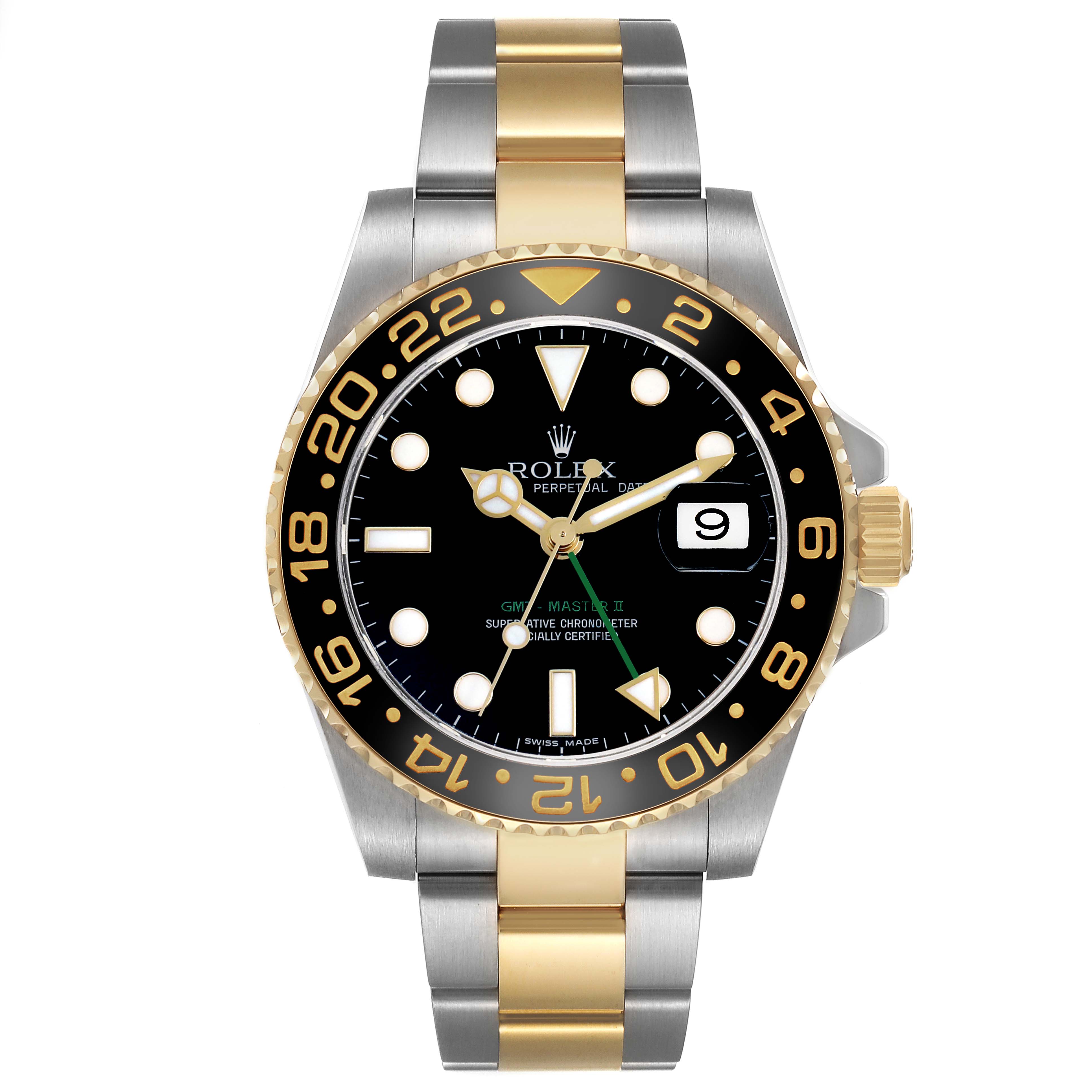 The Rolex GMT-Master 116713LN Men's Stainless Steel Black Dial model is shown from a top view, displaying the bezel, dial, hands, and two-tone bracelet.