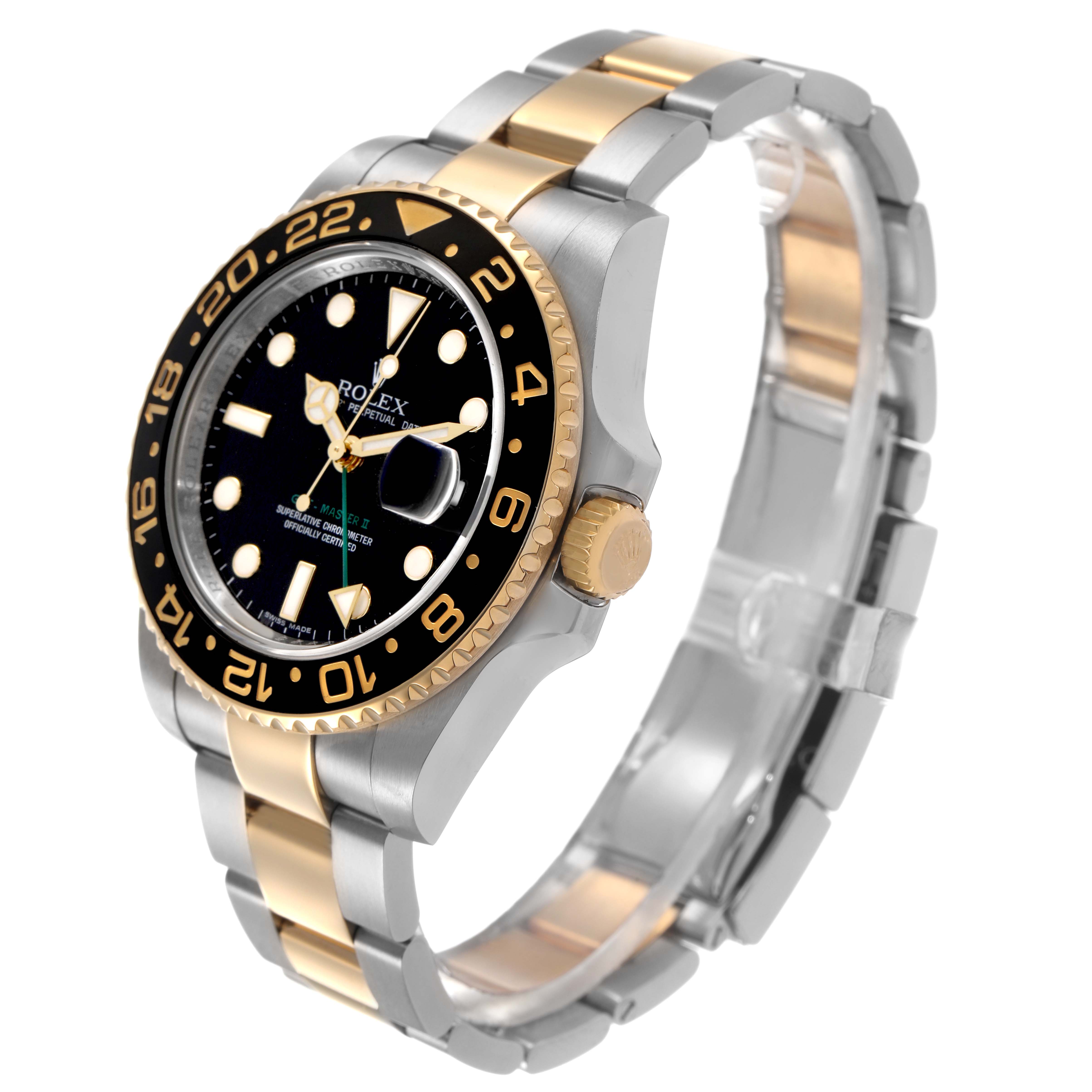 The Rolex GMT-Master 116713LN Men's Stainless Steel Black Dial watch is shown at a side angle, highlighting the bezel, dial, and bracelet.