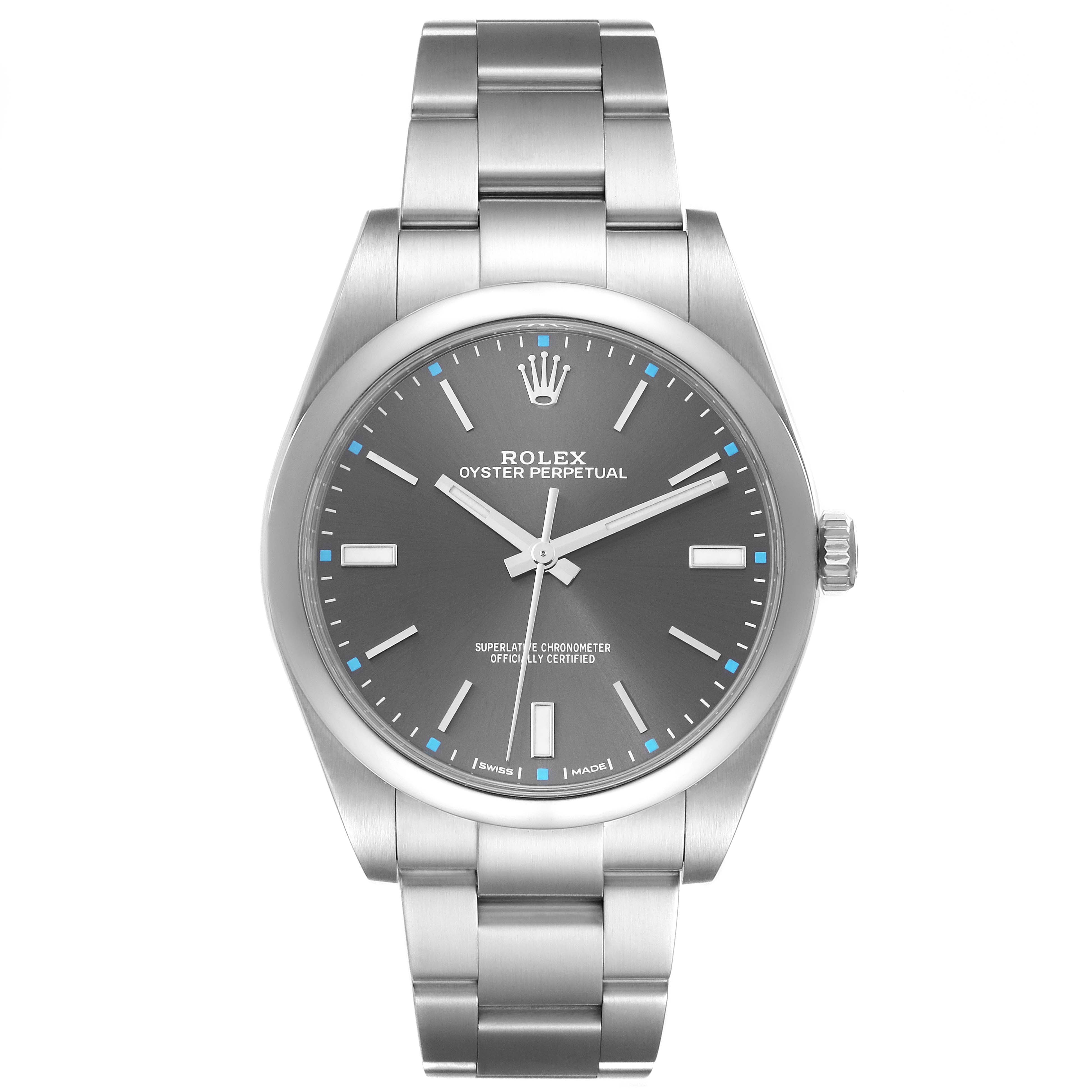This image shows a front view of the Rolex Oyster Perpetual 114300 Men's Stainless Steel Grey Dial 114300 Men's Stainless Steel Grey Dial watch, displaying its face, bezel, and bracelet.