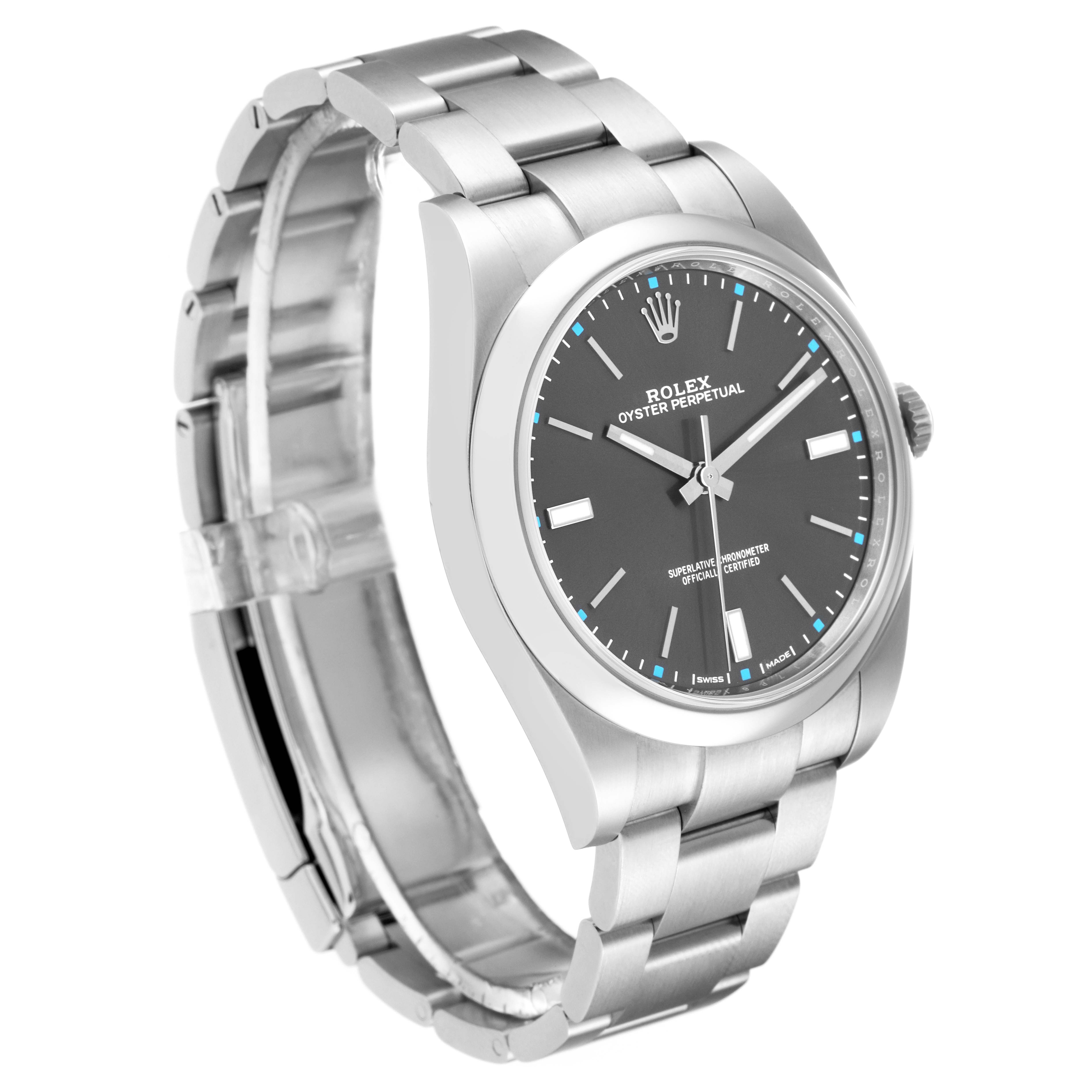 The image shows a side angle of the Rolex Oyster Perpetual 114300 Men's Stainless Steel Grey Dial 114300 Men's Stainless Steel Grey Dial watch, displaying the bracelet, case, and dial.