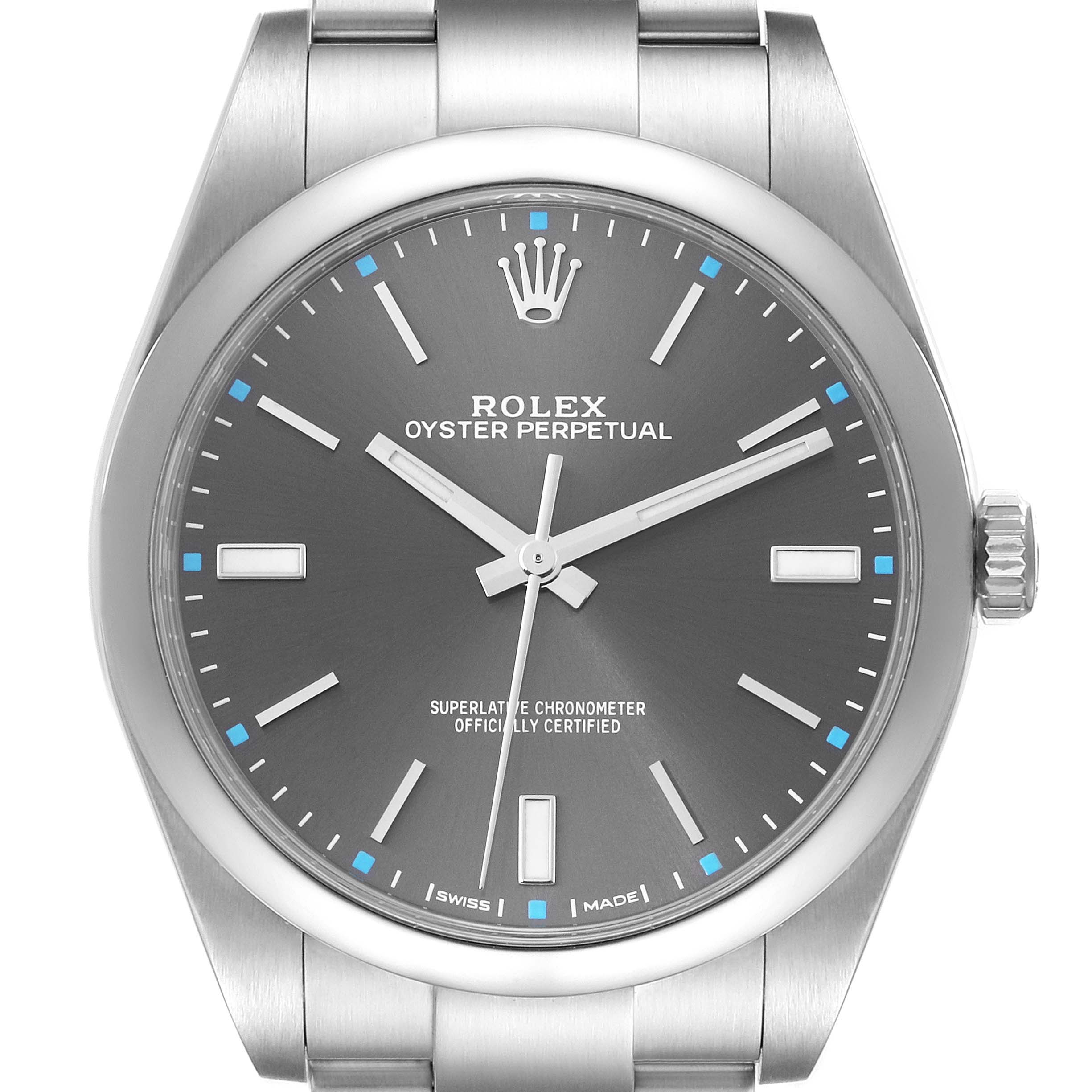 This image shows a front view of the Rolex Oyster Perpetual 114300 Men's Stainless Steel Grey Dial 114300 Men's Stainless Steel Grey Dial watch, highlighting the dial, hands, markers, bezel, and crown.