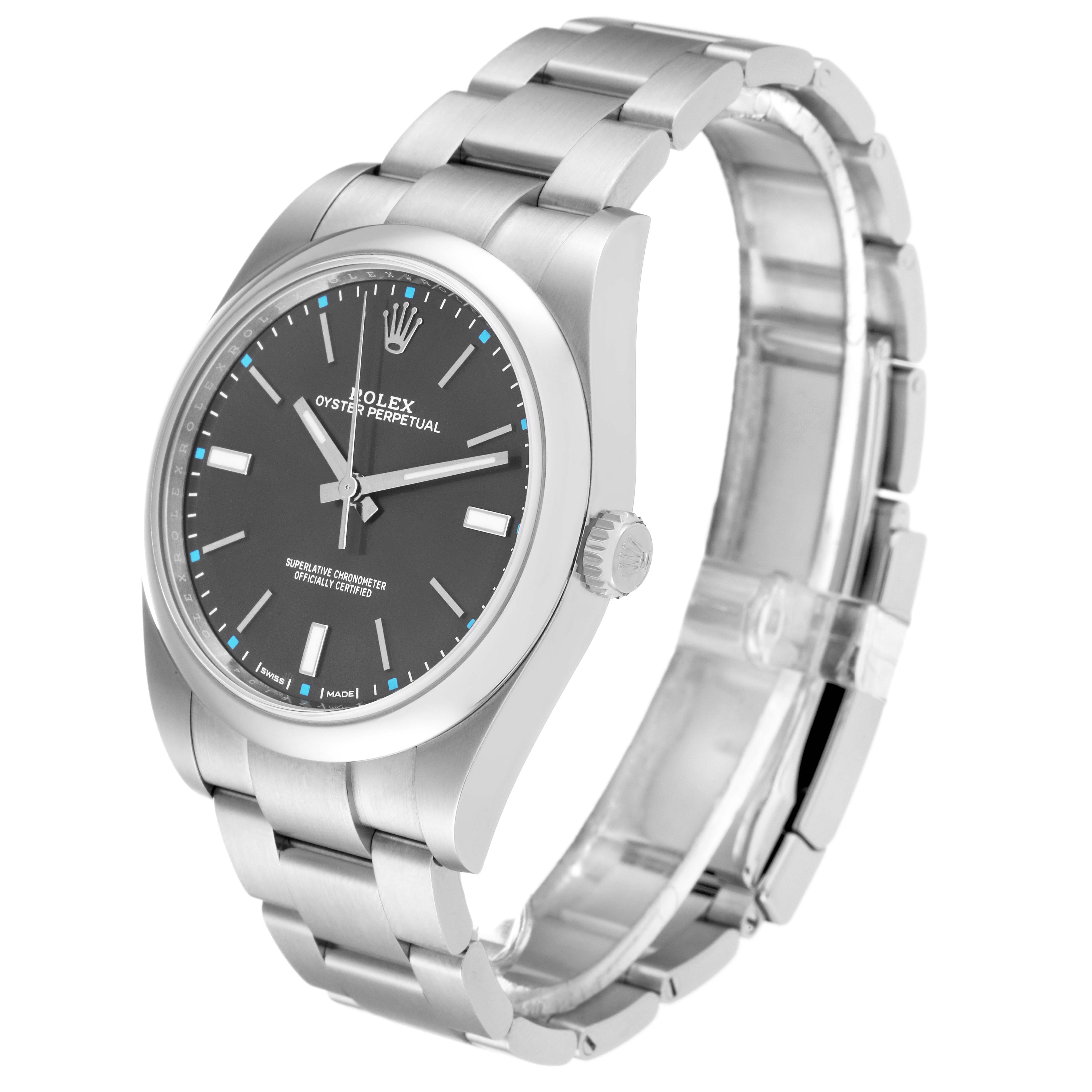 This image shows a Rolex Oyster Perpetual 114300 Men's Stainless Steel Grey Dial 114300 Men's Stainless Steel Grey Dial watch at a three-quarter angle, highlighting the face, bezel, crown, and bracelet.