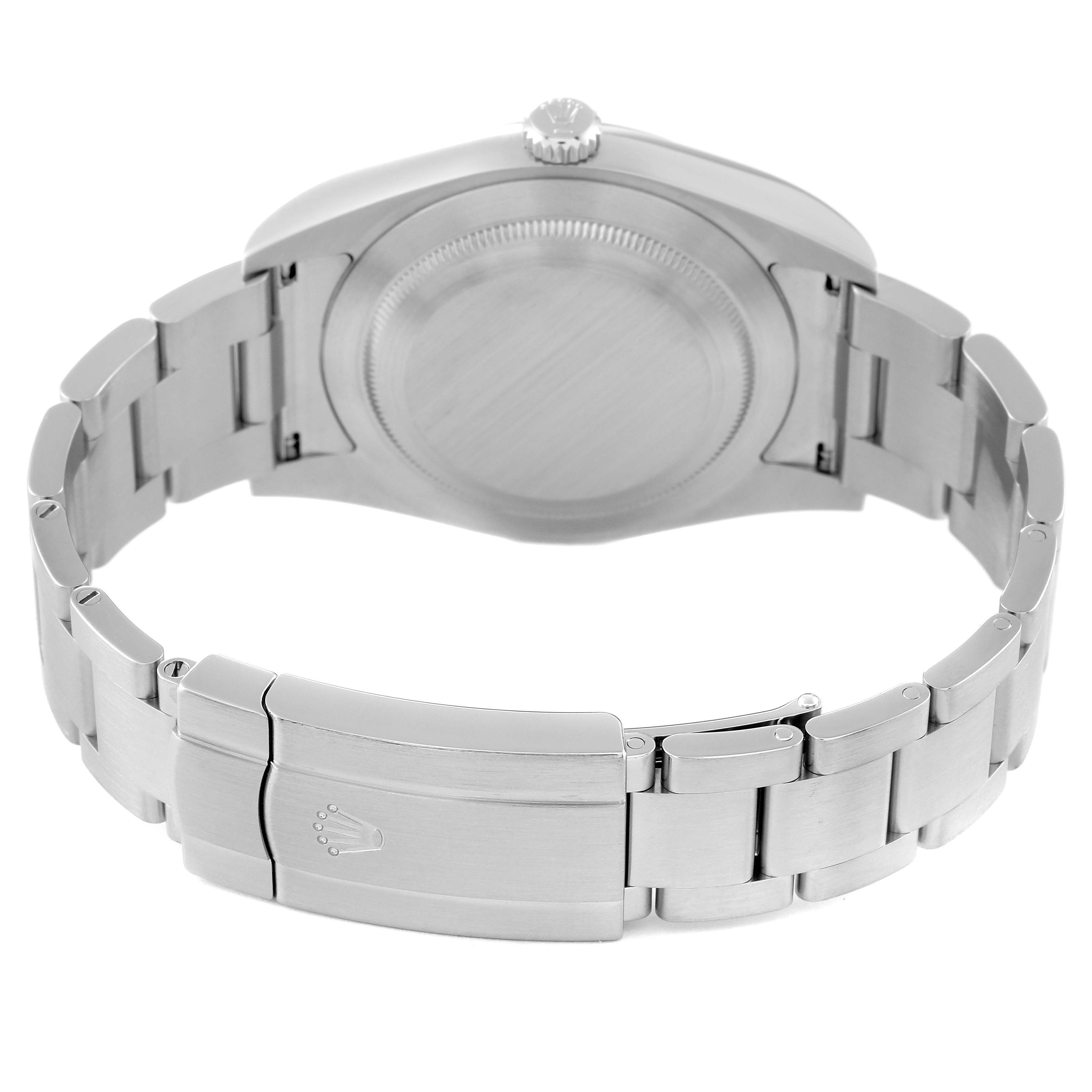 This image shows the back and bracelet of a Rolex Oyster Perpetual 114300 Men's Stainless Steel Grey Dial 114300 Men's Stainless Steel Grey Dial watch.
