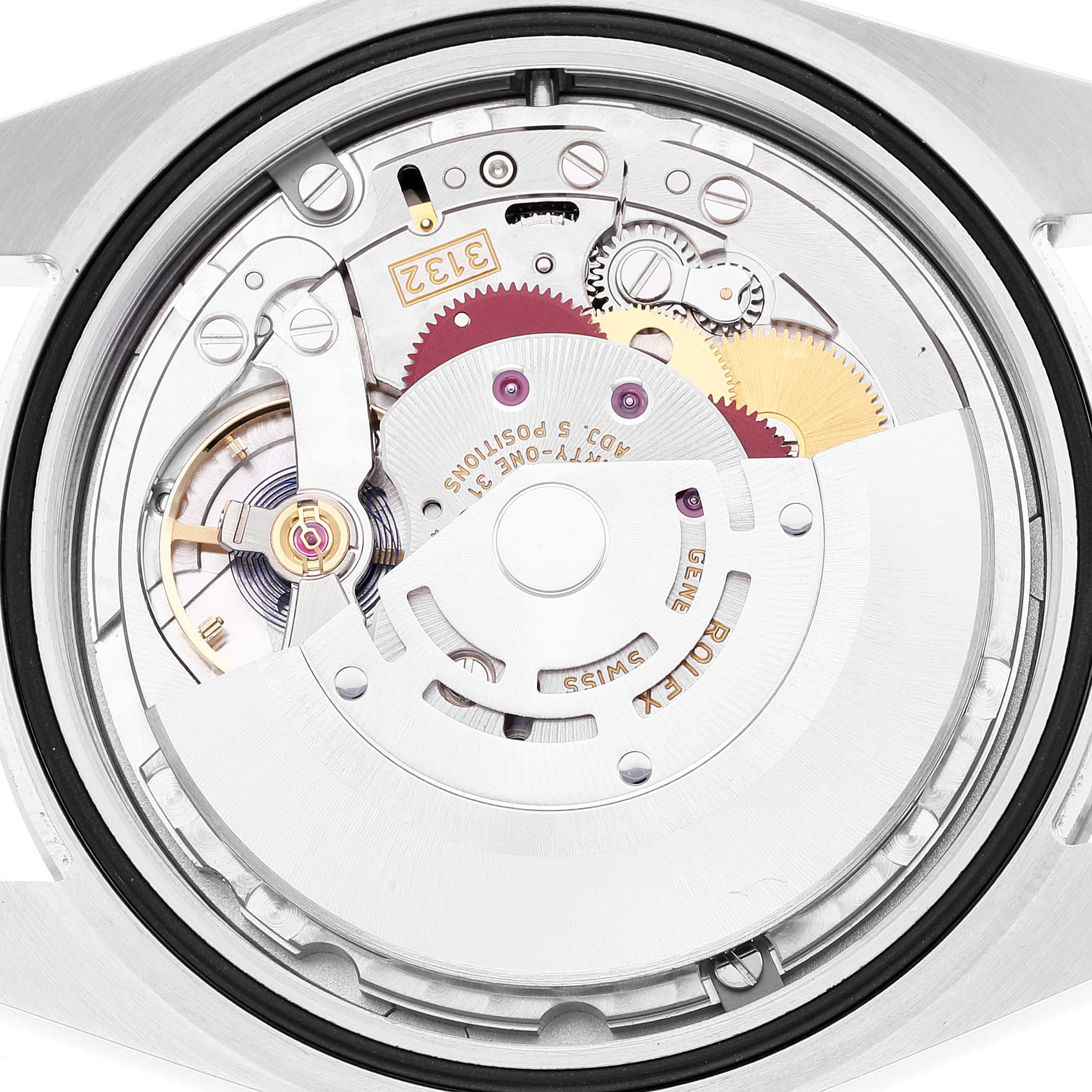 The image shows the internal mechanism of a Rolex Oyster Perpetual 114300 Men's Stainless Steel Grey Dial 114300 Men's Stainless Steel Grey Dial model from a back or interior view.