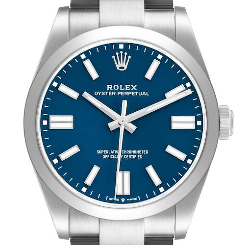 The Rolex Oyster Perpetual 134300 Men's Stainless Steel Blue Dial watch is shown front-on, displaying the blue dial, hour markers, hands, and crown.