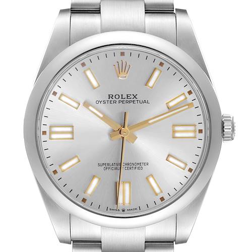 The Rolex Oyster Perpetual 124300 Men's Stainless Steel Silver Dial watch is shown from a front angle, highlighting its silver dial, gold markers, and stainless steel bracelet.
