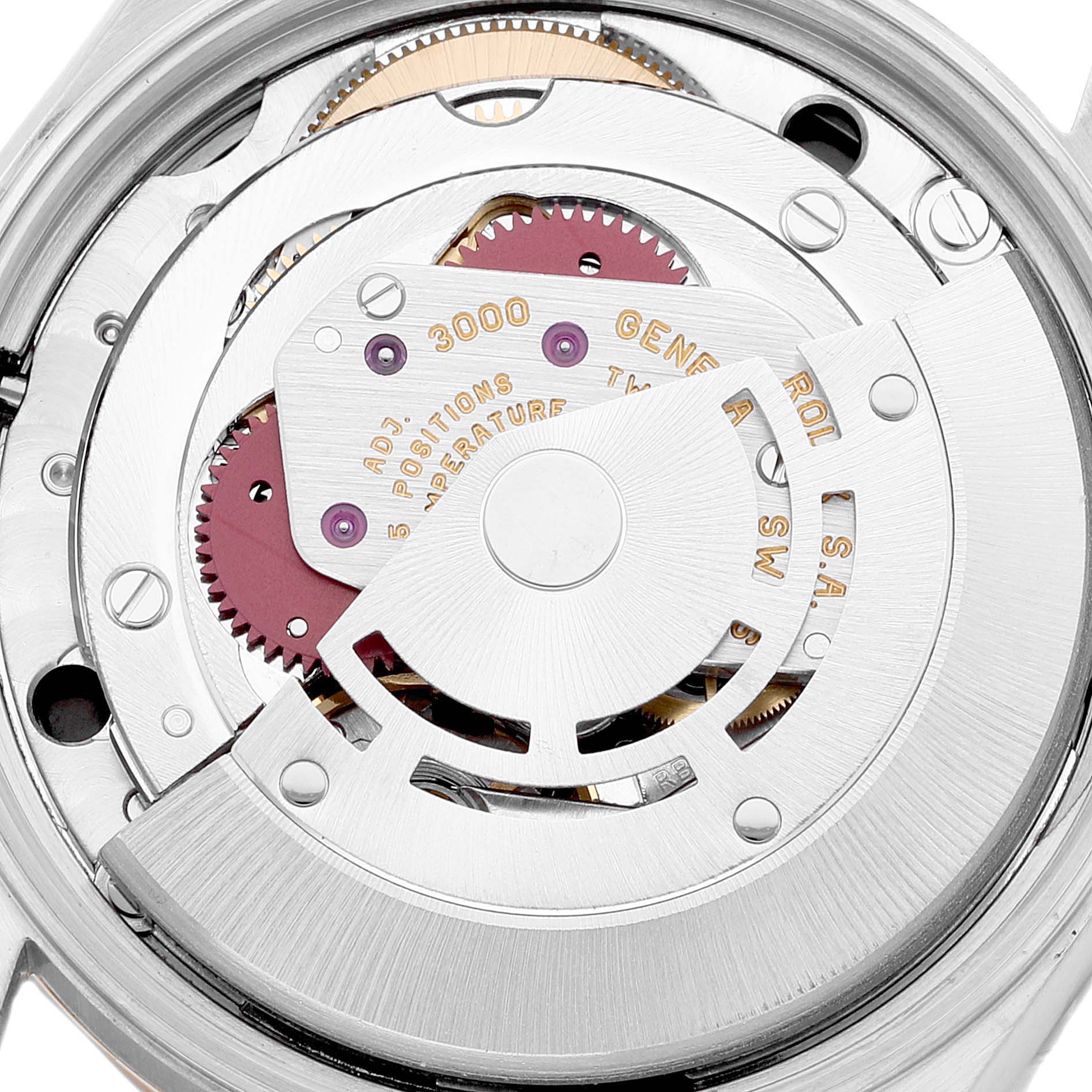 The image shows a close-up view of the movement mechanism of a Rolex Oyster Perpetual 14203 Men's Steel and Gold (two tone) Black Dial 14203 Men's Steel and Gold (two tone) Black Dial watch.