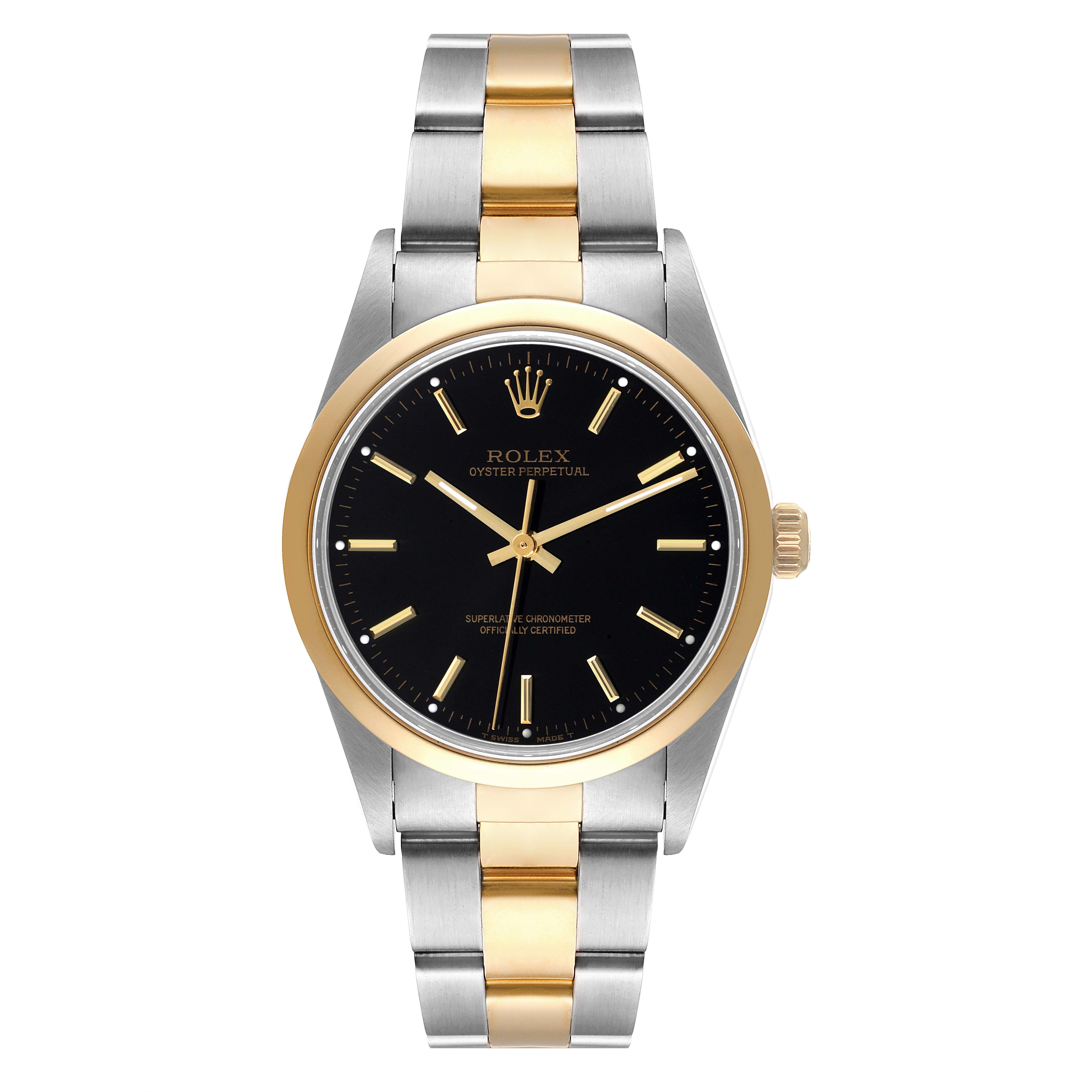 The image shows a Rolex Oyster Perpetual 14203 Men's Steel and Gold (two tone) Black Dial 14203 Men's Steel and Gold (two tone) Black Dial watch, angled straight on, displaying the black dial, gold bezel, and two-tone bracelet.
