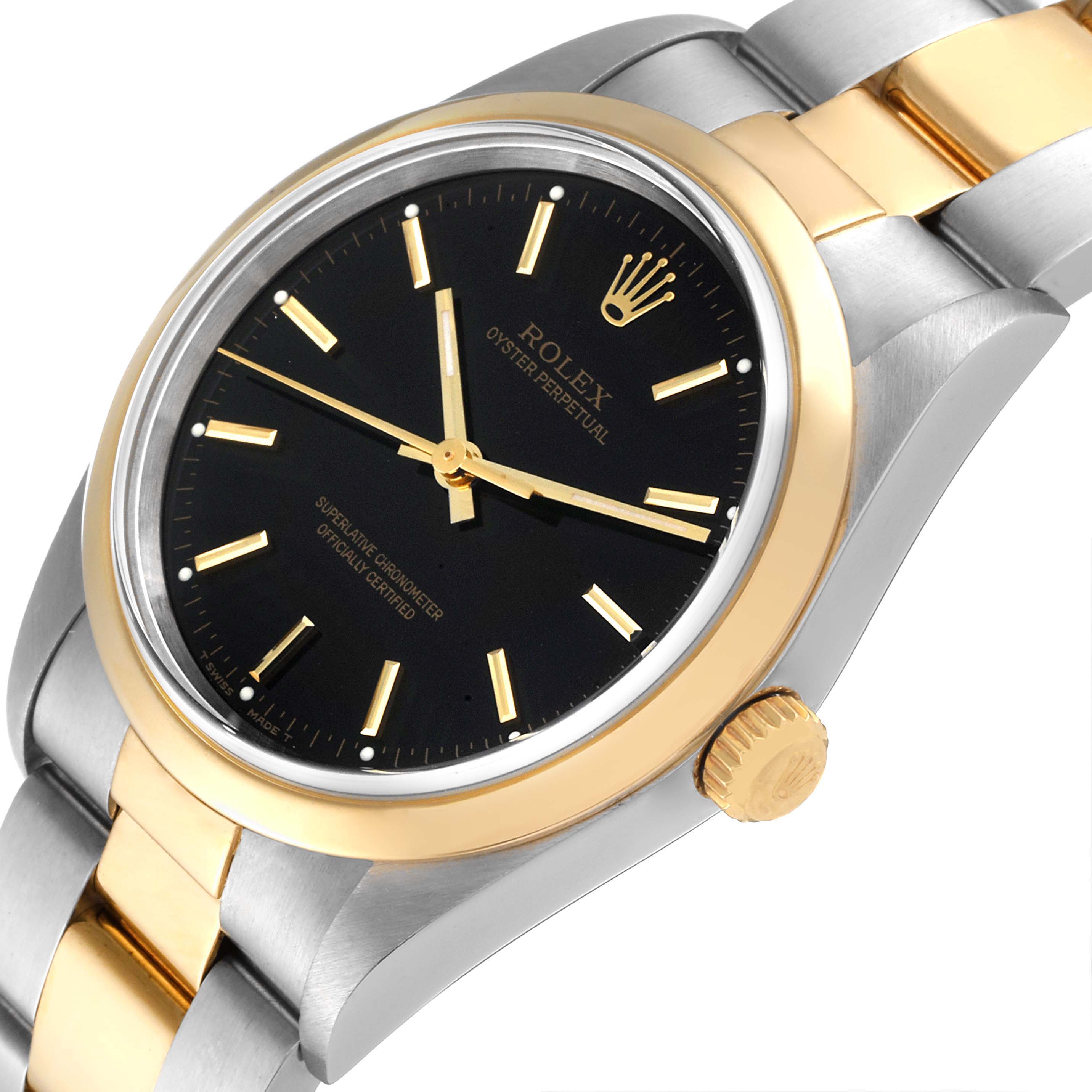 The Rolex Oyster Perpetual 14203 Men's Steel and Gold (two tone) Black Dial 14203 Men's Steel and Gold (two tone) Black Dial watch is shown at a slight angle, displaying the dial, bezel, crown, and part of the bracelet.