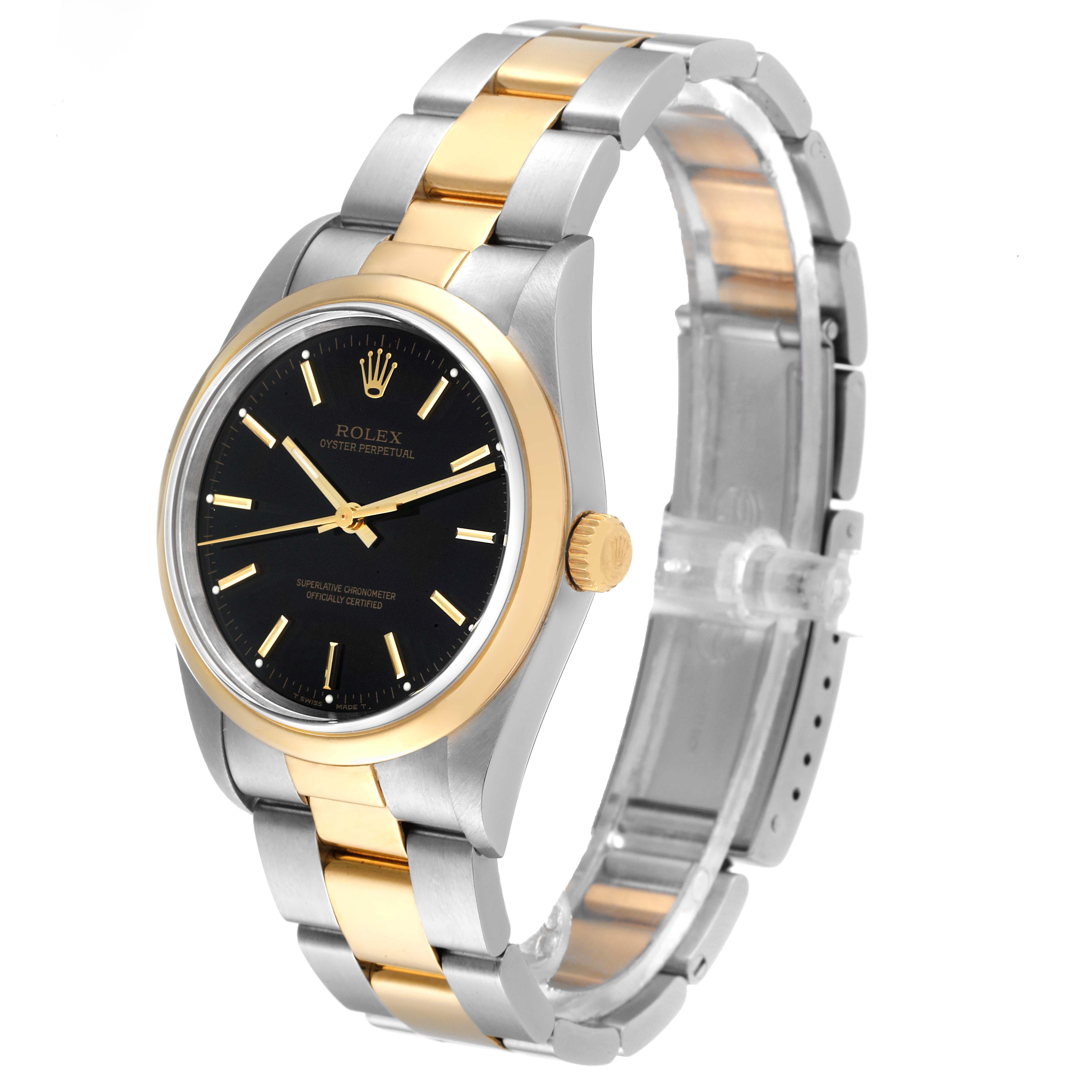 The Rolex Oyster Perpetual 14203 Men's Steel and Gold (two tone) Black Dial 14203 Men's Steel and Gold (two tone) Black Dial watch is shown at a three-quarter angle displaying the dial, bezel, crown, and part of the bracelet.