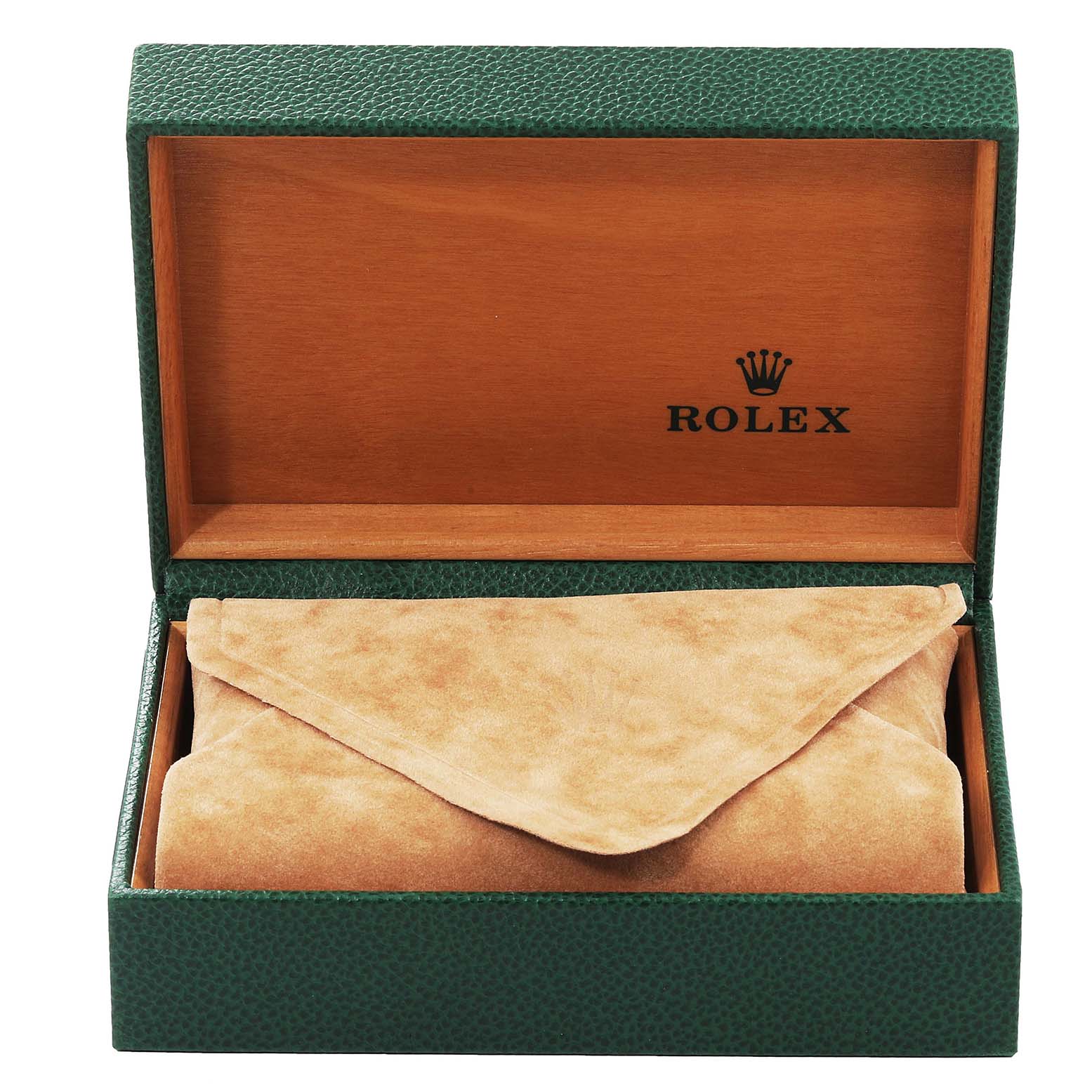 The image shows an open Rolex watch box with a green exterior, exposing a velvet pouch inside, likely meant for an Oyster Perpetual model.