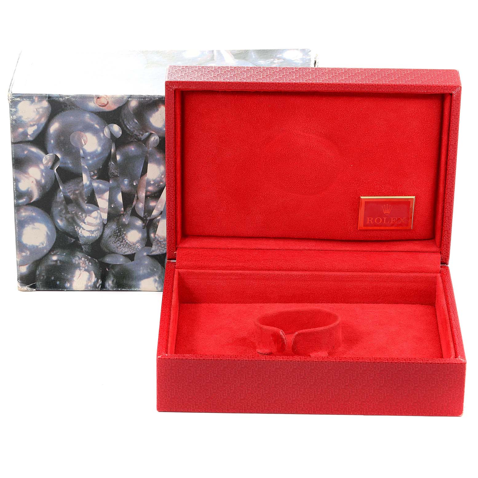 The image displays an open, red Rolex President 69028 Women's Yellow Gold  69028 Women's Yellow Gold  watch box, showing its interior with a gray outer decorative box.