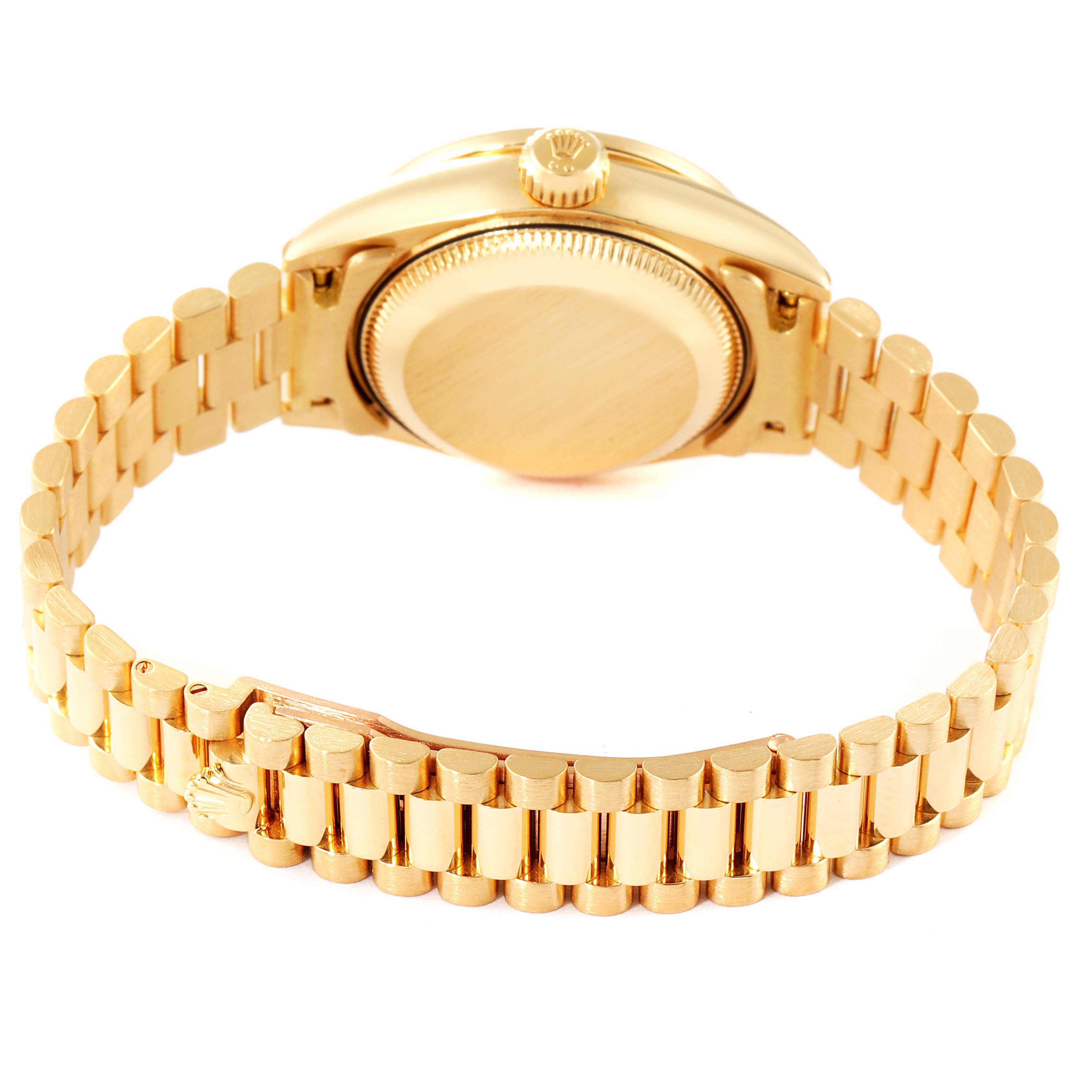 This image shows the Rolex President 69028 Women's Yellow Gold  69028 Women's Yellow Gold  watch model from the back, highlighting the bracelet and the case back.