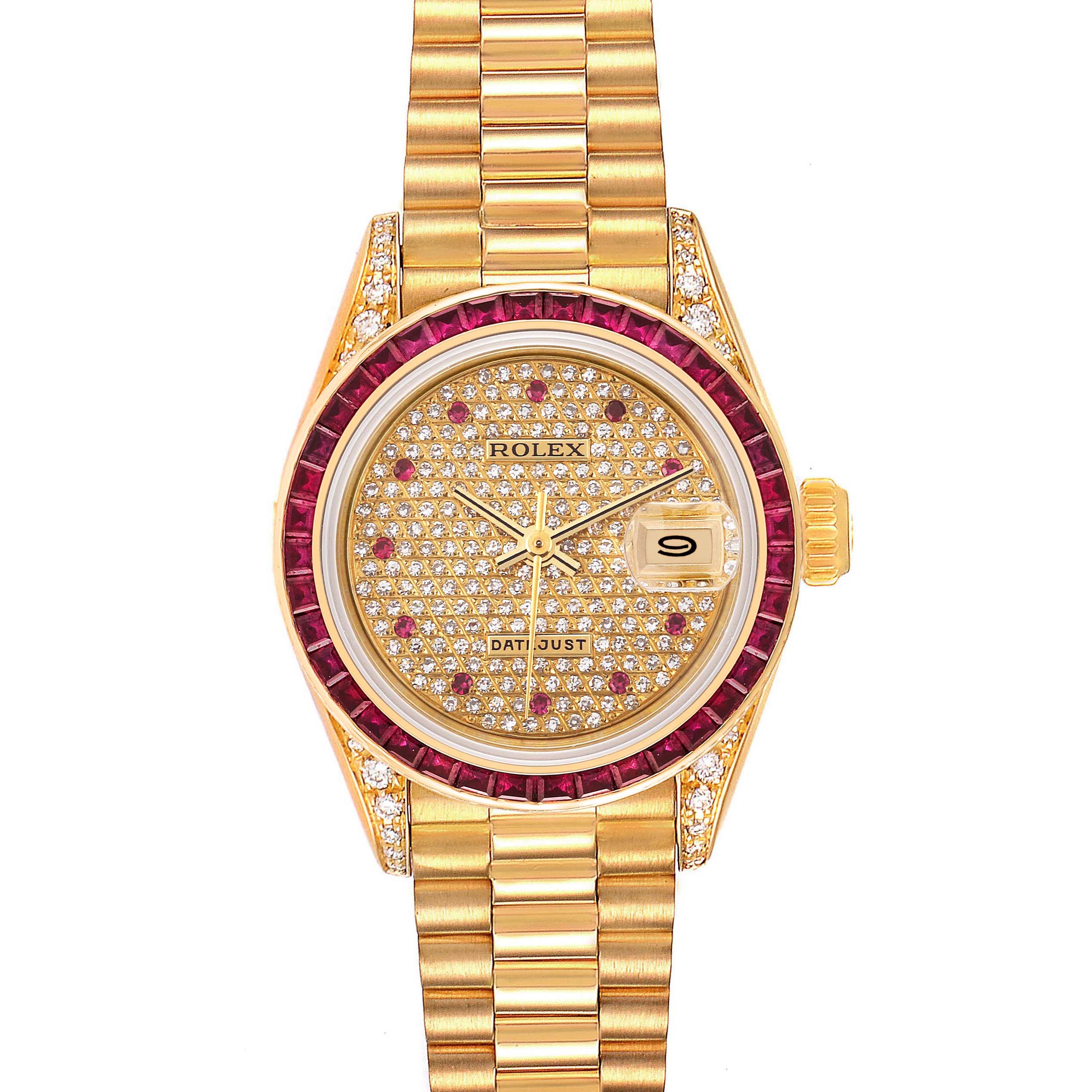 The image shows a frontal view of a gold Rolex President 69028 Women's Yellow Gold  69028 Women's Yellow Gold  model watch, featuring a diamond and ruby-encrusted dial and bezel.