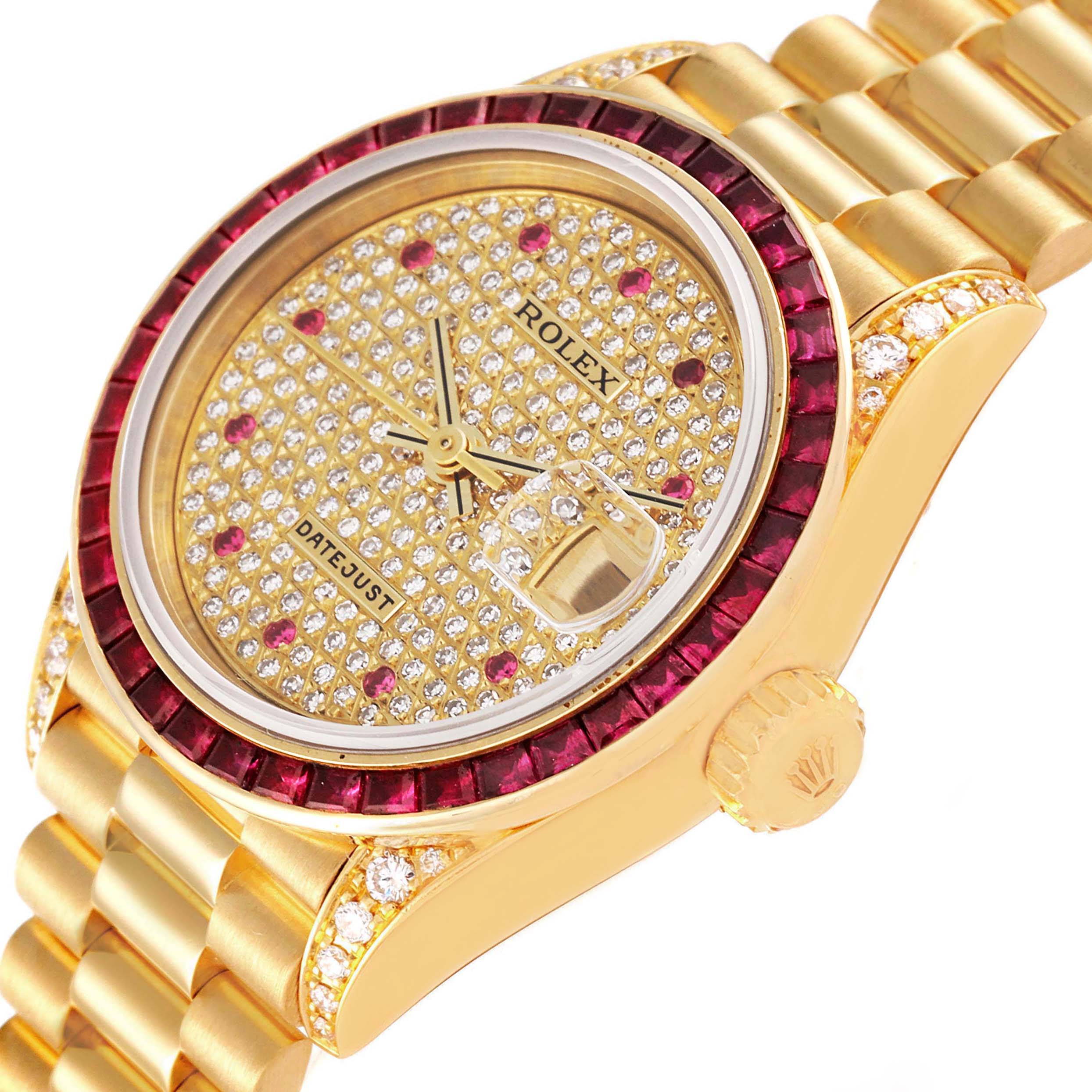 The image shows a close-up of the Rolex President 69028 Women's Yellow Gold  69028 Women's Yellow Gold  Datejust's dial, bezel, crown, and part of the bracelet.