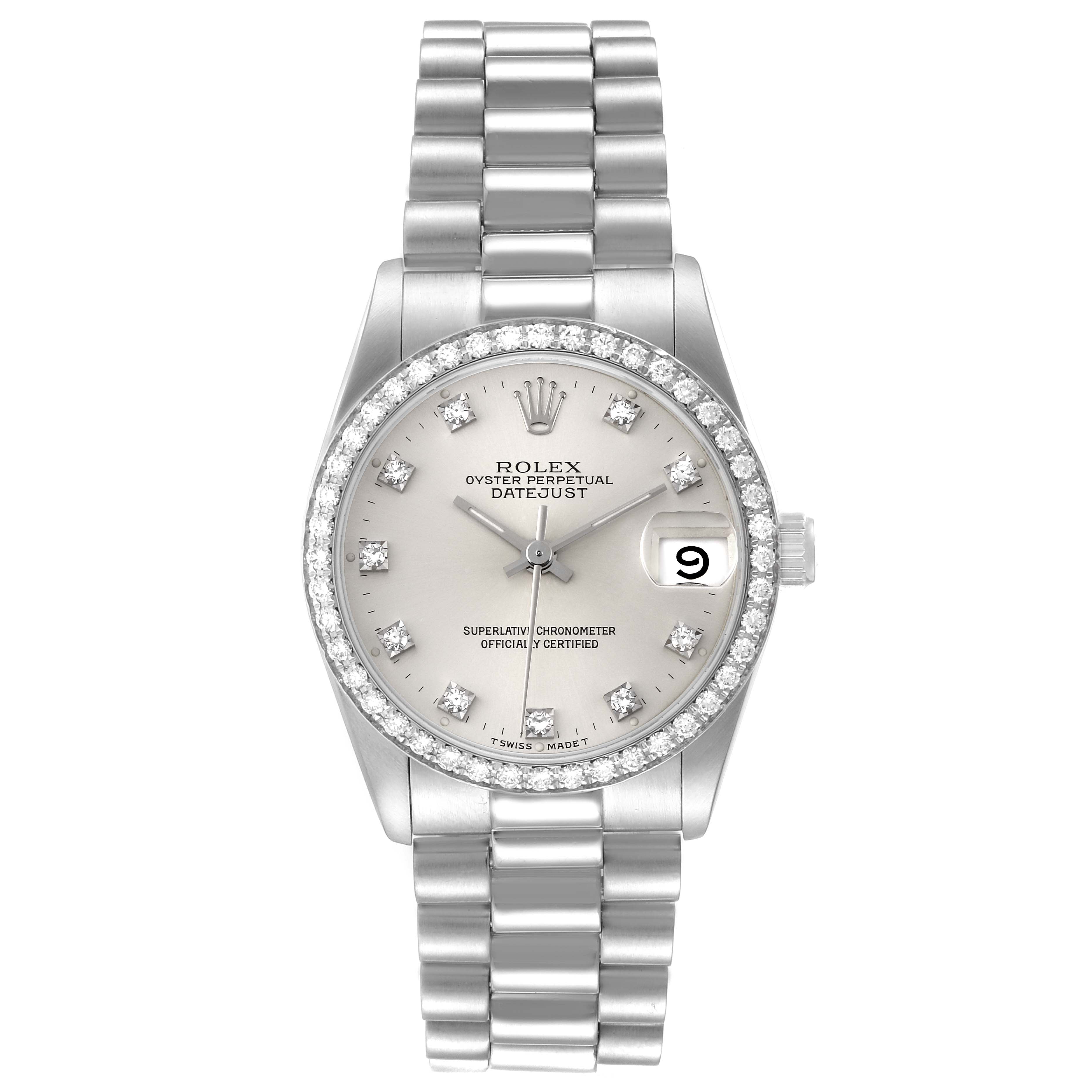 The image shows a front view of a Rolex President 68286 Women's Platinum Silver Dial 68286 Women's Platinum Silver Dial model watch, displaying the dial, bezel, bracelet, and date window.