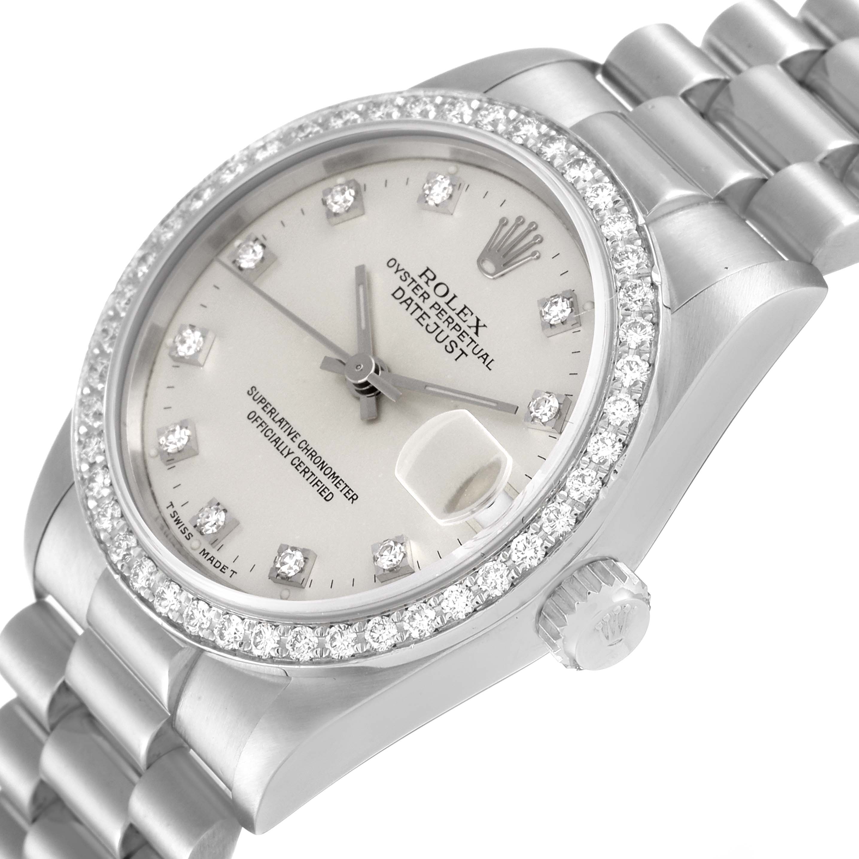 The image shows a close-up angle of the Rolex President 68286 Women's Platinum Silver Dial 68286 Women's Platinum Silver Dial Datejust watch face, bezel, and part of the bracelet.