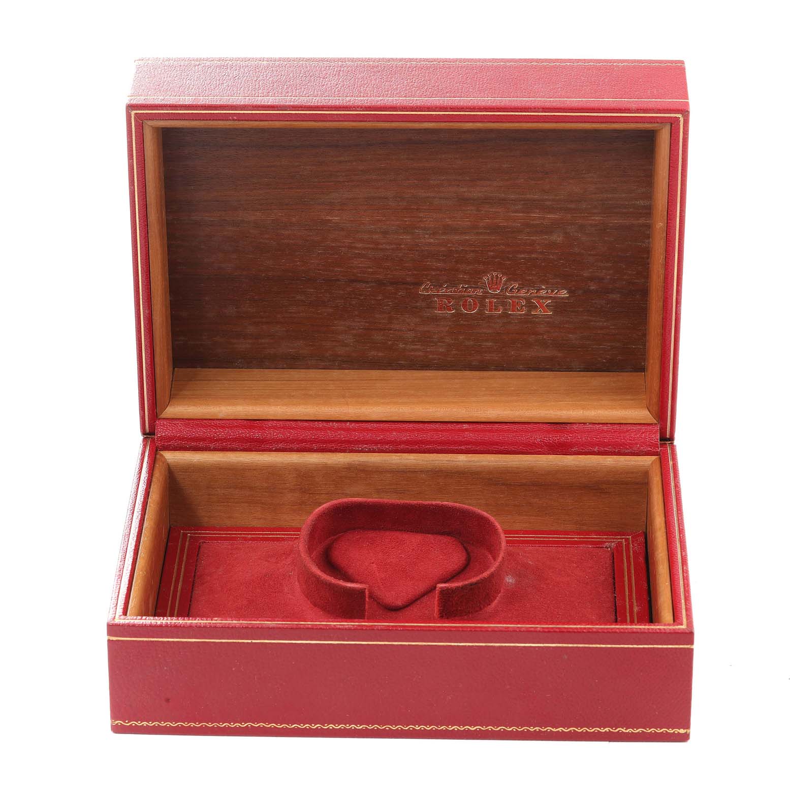 The image shows an open red box for a Rolex President 68286 Women's Platinum Silver Dial 68286 Women's Platinum Silver Dial model watch, with red velvet interior and wooden inlay.