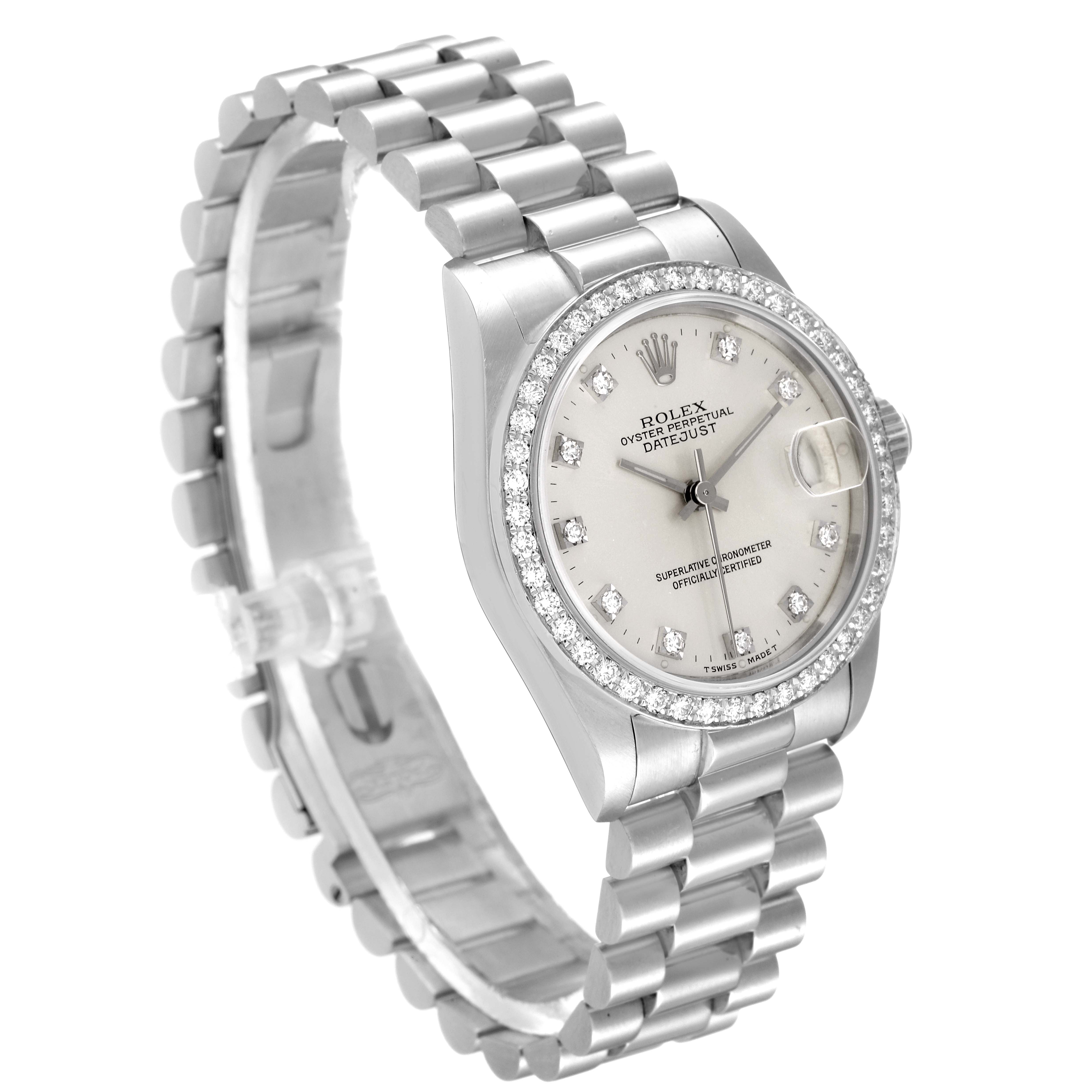 The image shows a Rolex President 68286 Women's Platinum Silver Dial 68286 Women's Platinum Silver Dial model watch at a three-quarter angle, highlighting the face, bracelet, and bezel.