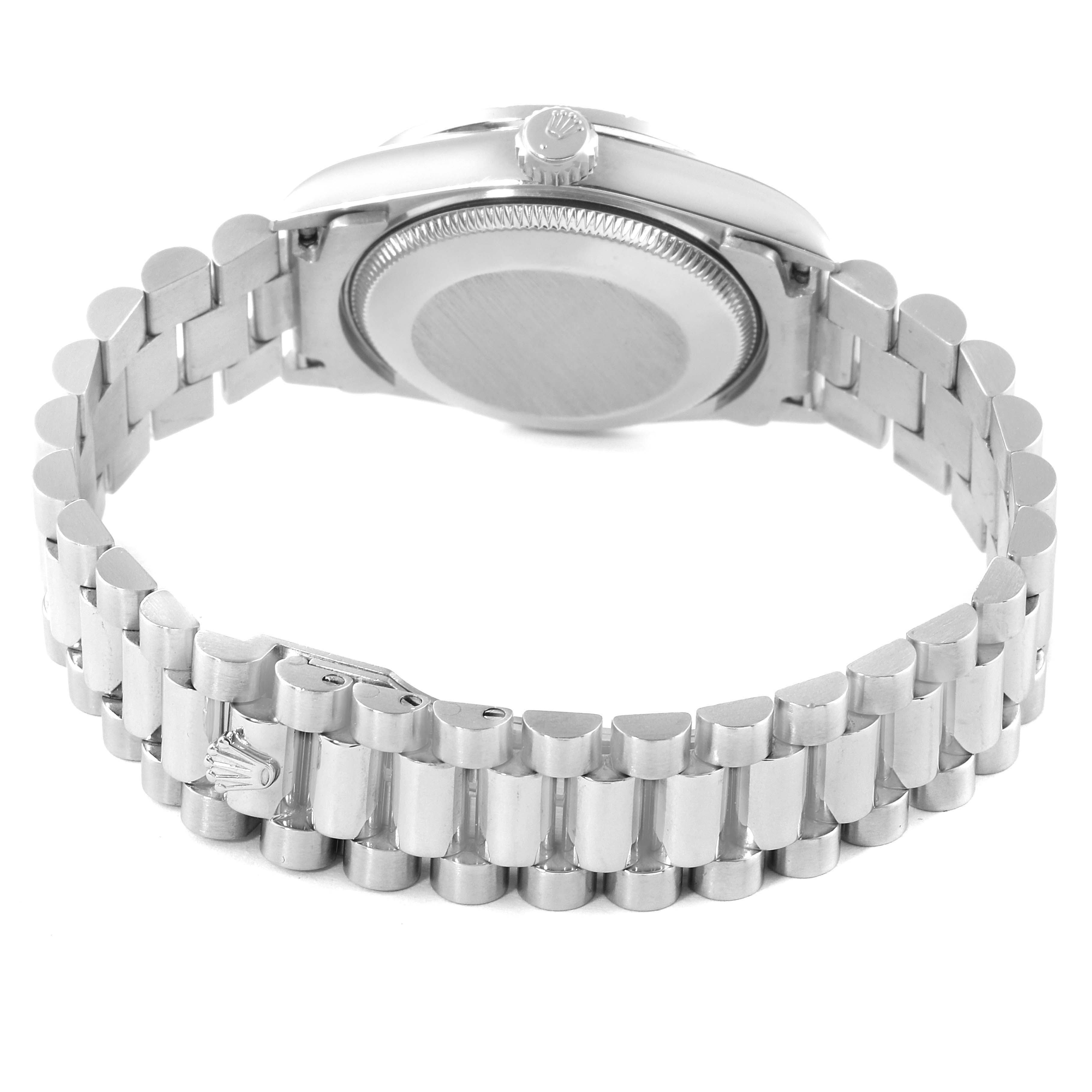 This image shows the back view of a Rolex President 68286 Women's Platinum Silver Dial 68286 Women's Platinum Silver Dial model watch, highlighting the bracelet and case back.