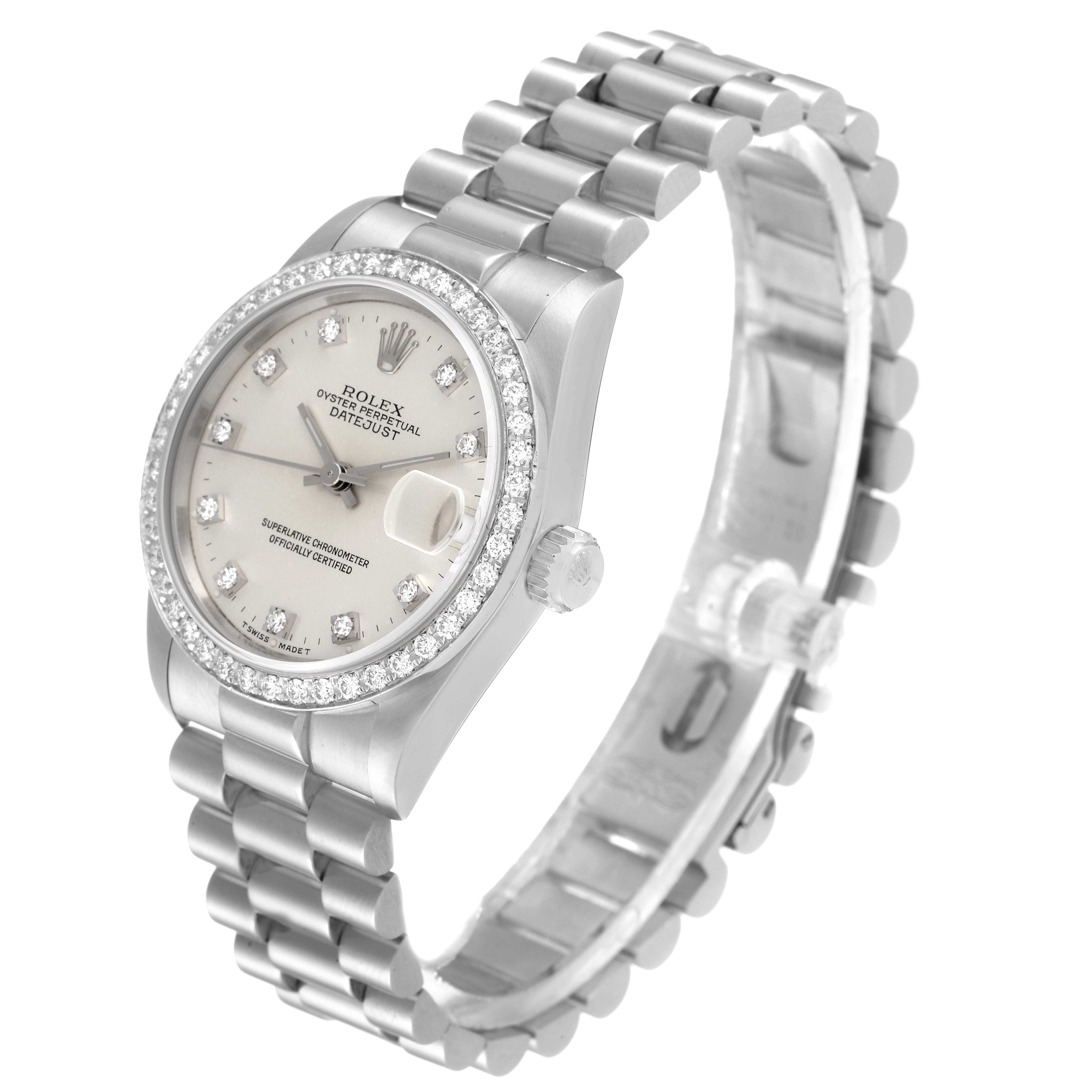The image shows a Rolex President 68286 Women's Platinum Silver Dial 68286 Women's Platinum Silver Dial model watch from a front-left angle, highlighting the bracelet, face, and bezel.
