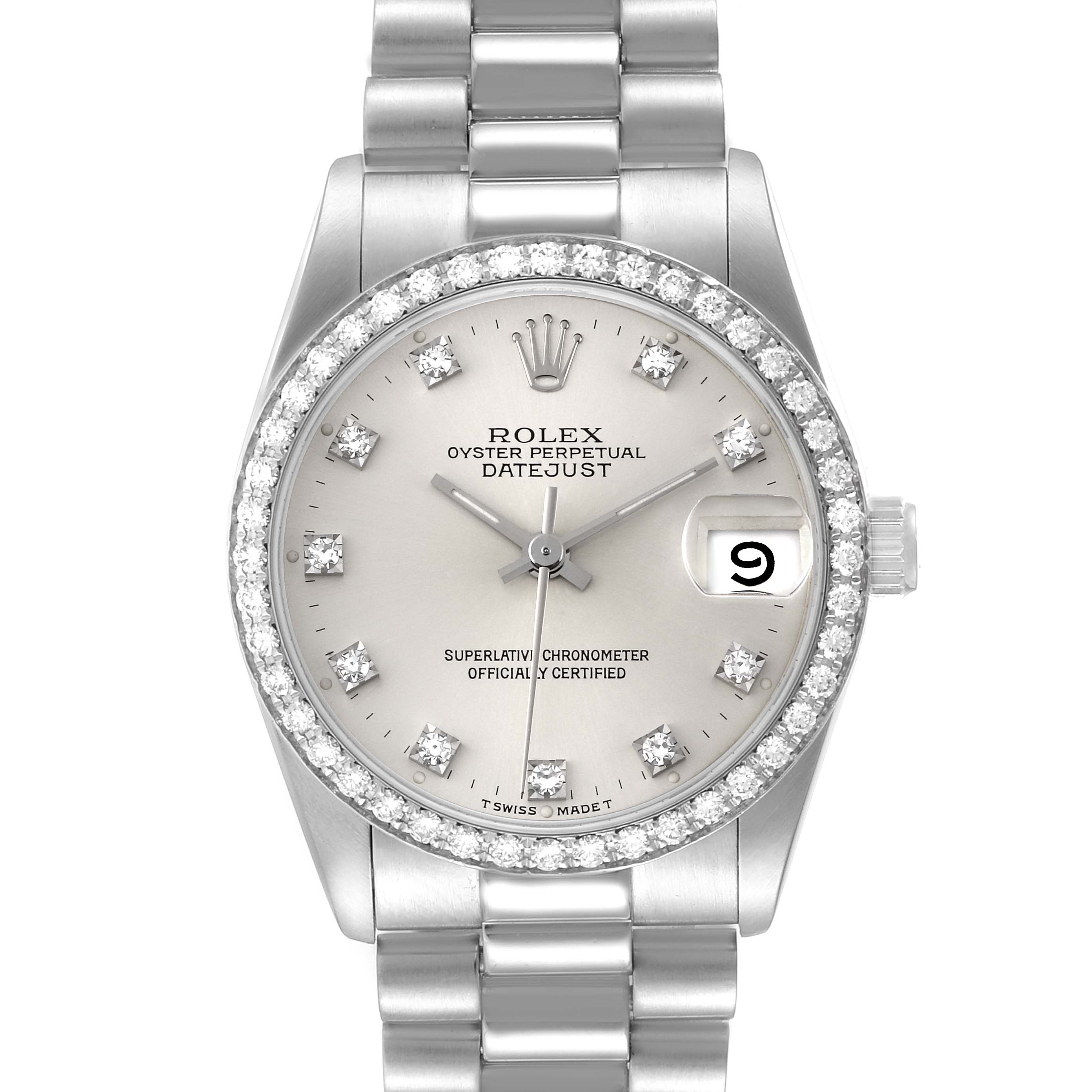 This image shows a frontal view of a Rolex President 68286 Women's Platinum Silver Dial 68286 Women's Platinum Silver Dial model watch, displaying the dial, bezel, and part of the bracelet.