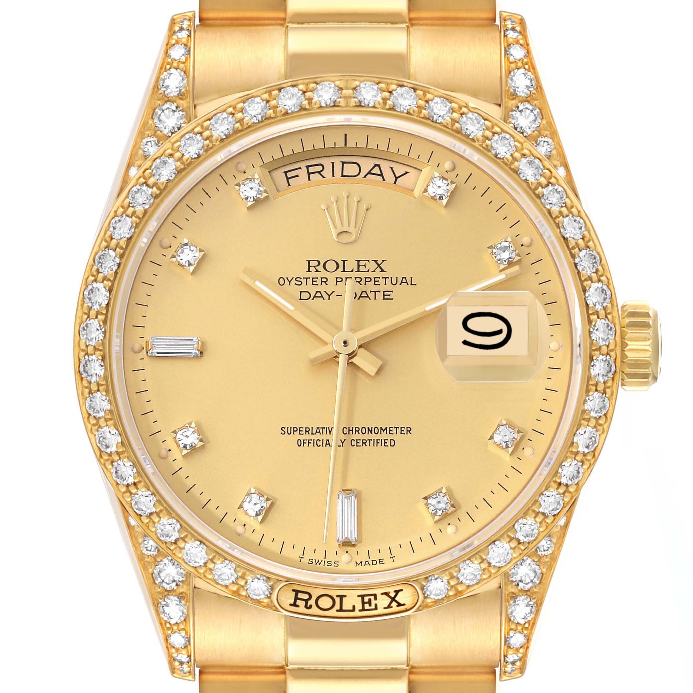 The image shows a front view of a Rolex President 18138 Men's Yellow Gold Champagne Dial 18138 Men's Yellow Gold Champagne Dial model Day-Date watch, focusing on the dial, bezel, and part of the bracelet.