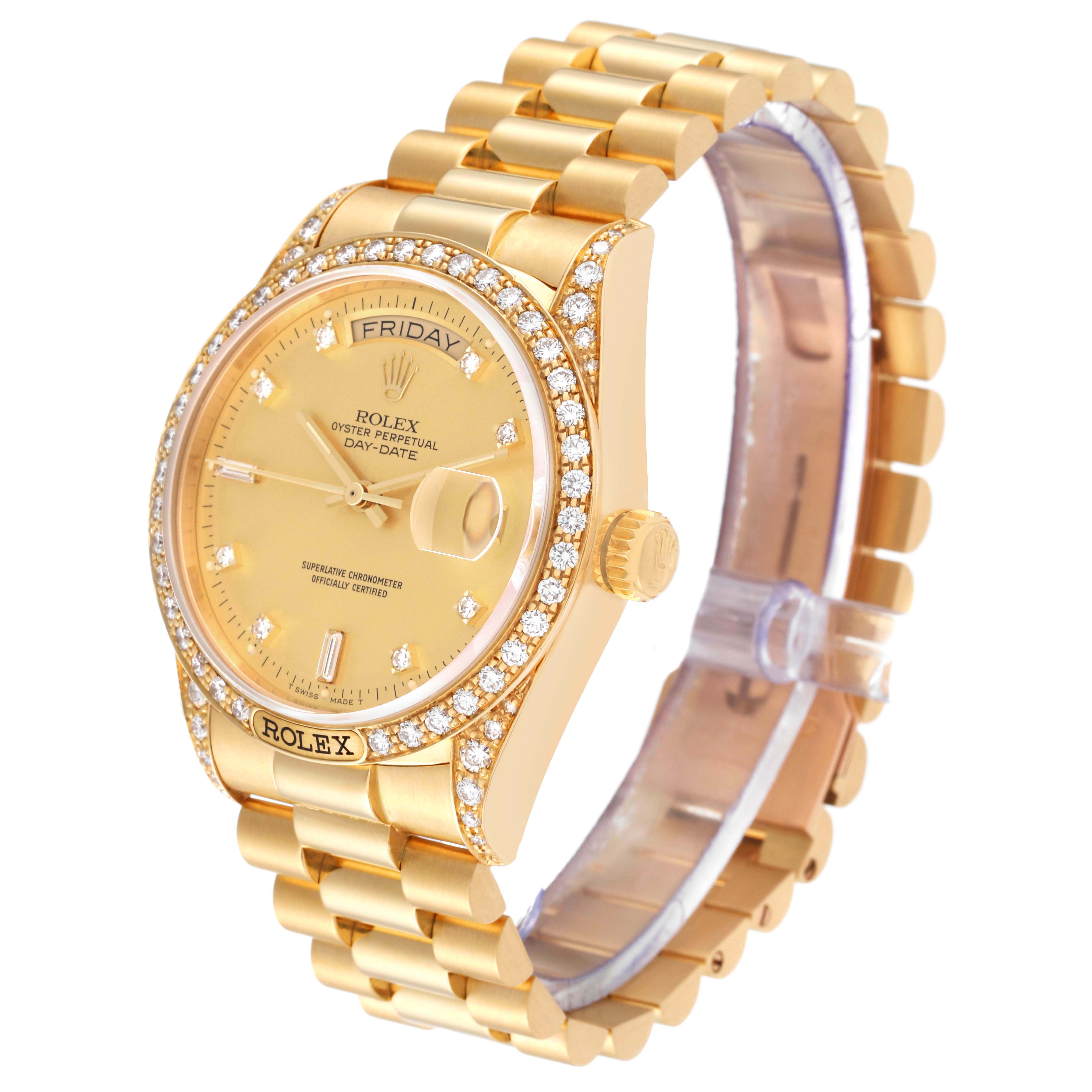 This image shows a Rolex President 18138 Men's Yellow Gold Champagne Dial 18138 Men's Yellow Gold Champagne Dial model watch at a right-side angle, highlighting the face, bezel, and bracelet.