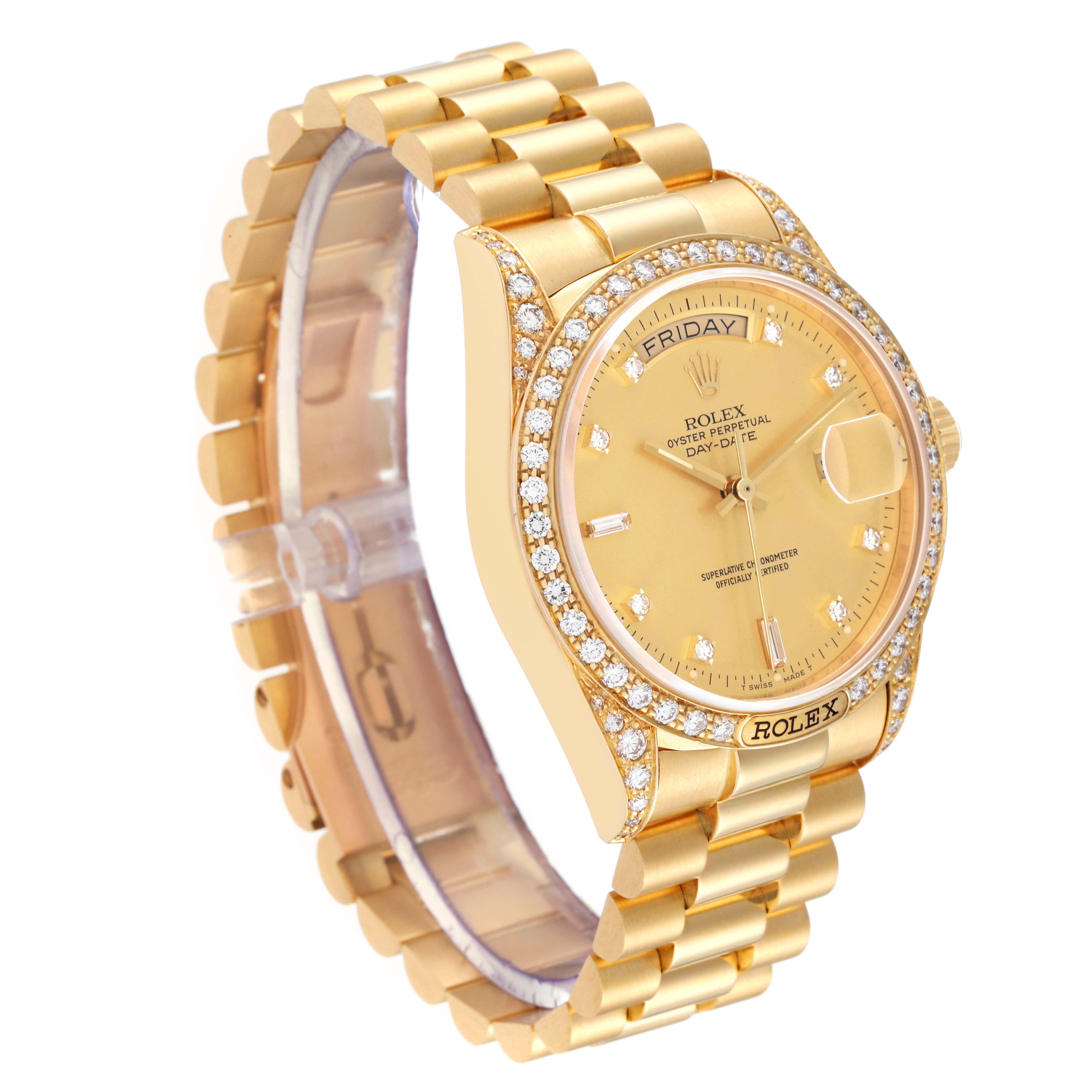 The Rolex President 18138 Men's Yellow Gold Champagne Dial 18138 Men's Yellow Gold Champagne Dial model watch is shown at an angled side view, highlighting the gold band, diamond bezel, and dial.