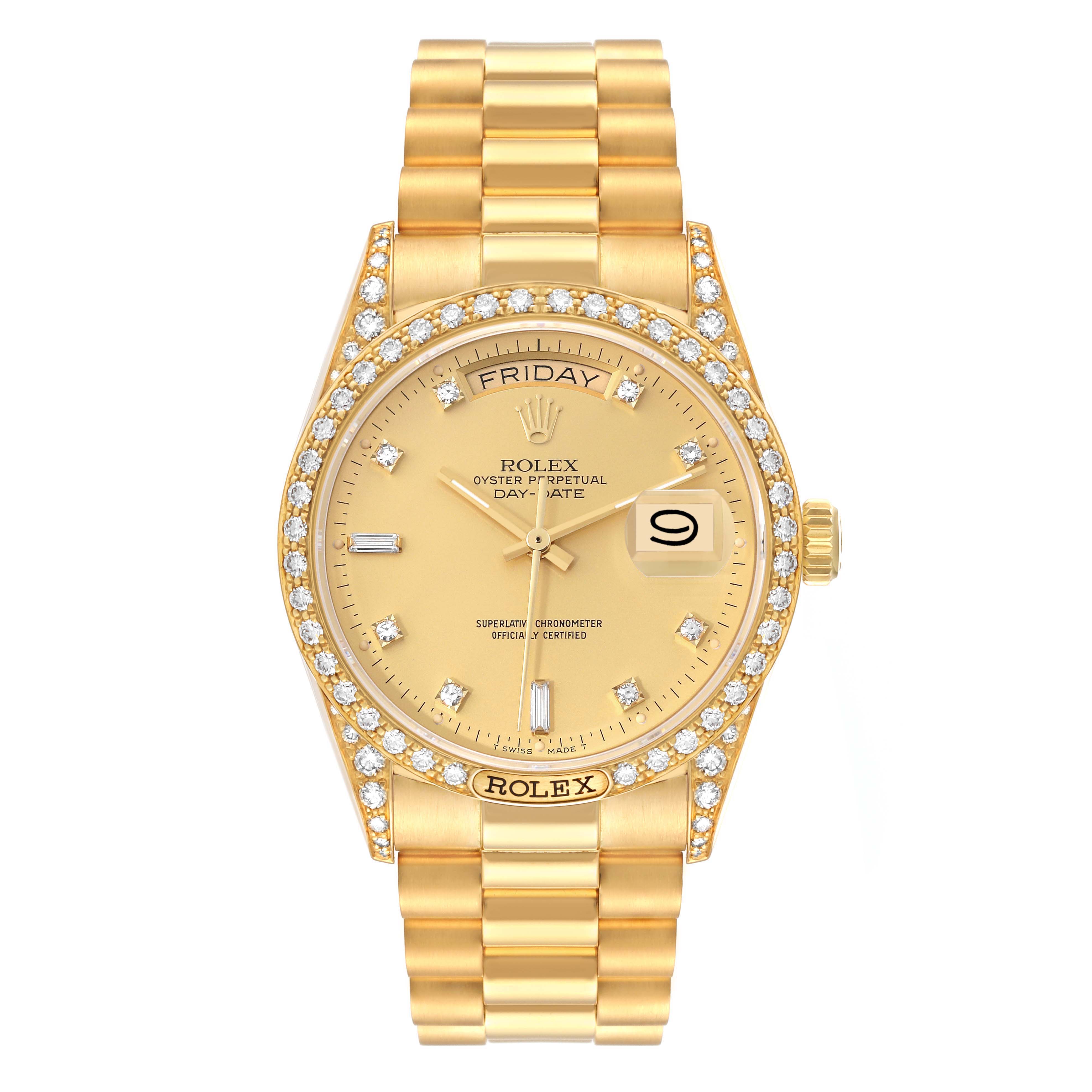 This image shows a frontal view of a Rolex President 18138 Men's Yellow Gold Champagne Dial 18138 Men's Yellow Gold Champagne Dial model watch, including the face, bezel, and bracelet.