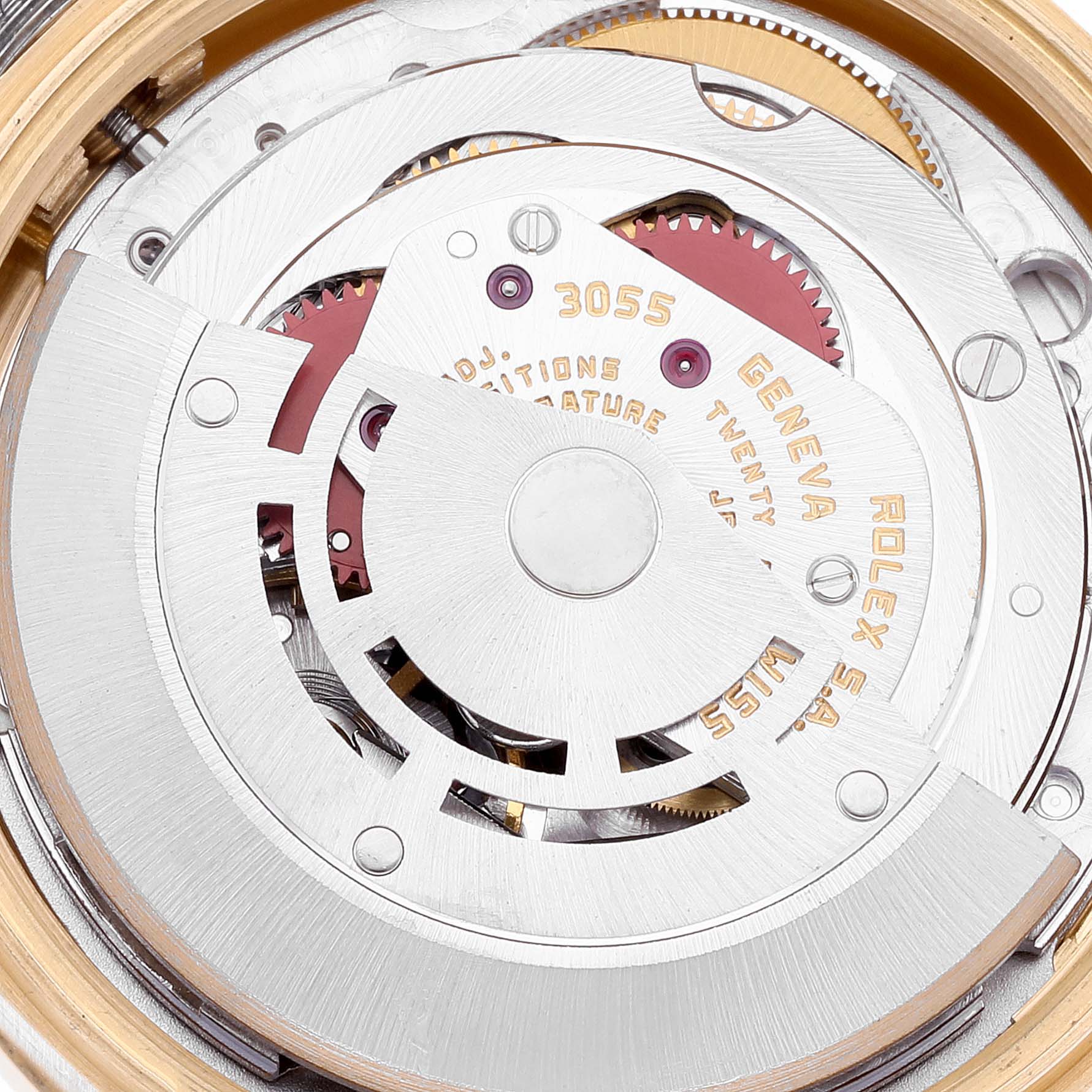 This image shows a detailed, close-up view of the internal movement mechanism of a Rolex President 18138 Men's Yellow Gold Champagne Dial 18138 Men's Yellow Gold Champagne Dial model, featuring the rotor and gears.