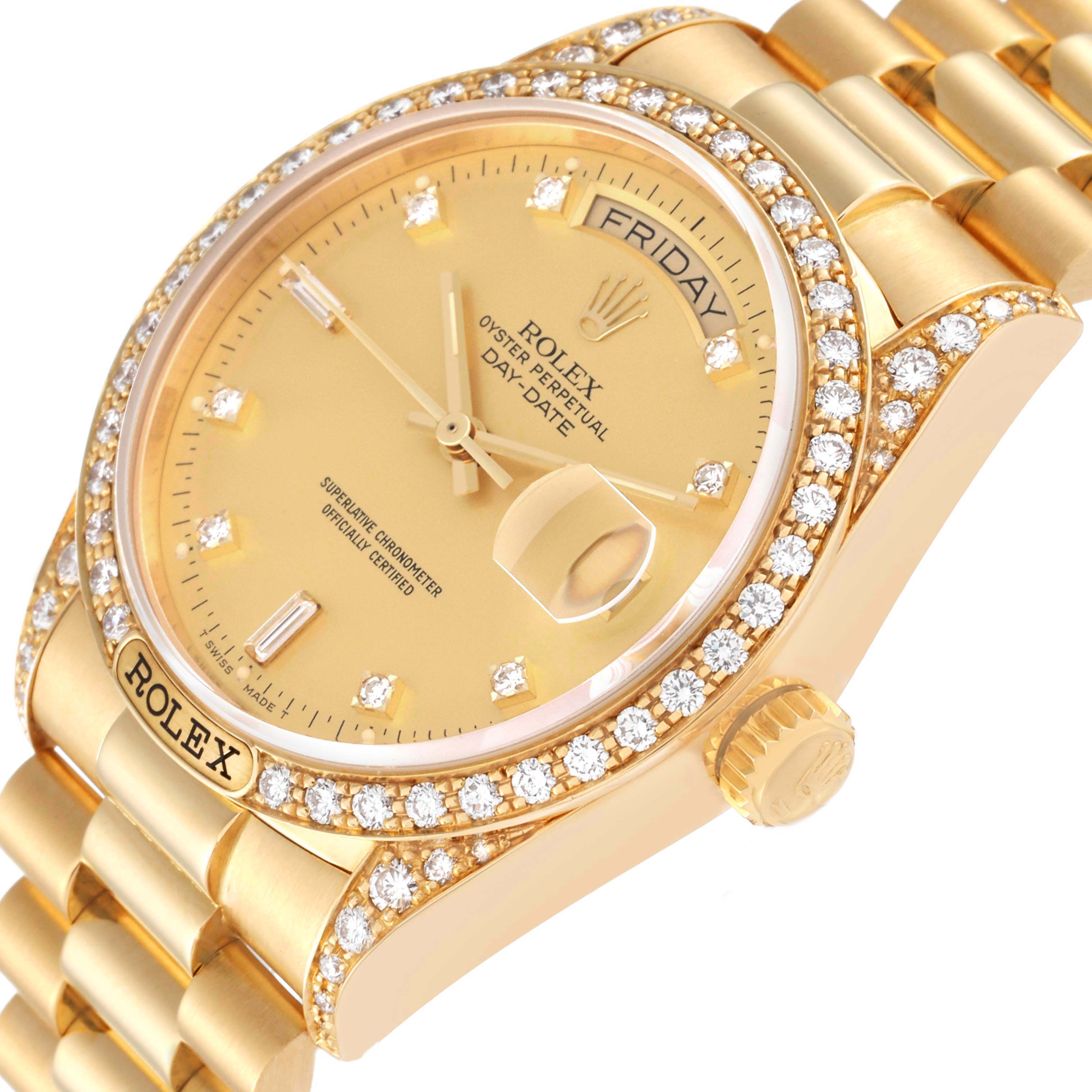 This Rolex President 18138 Men's Yellow Gold Champagne Dial 18138 Men's Yellow Gold Champagne Dial model watch is shown at an angled view, highlighting the dial, bezel, and part of the bracelet.