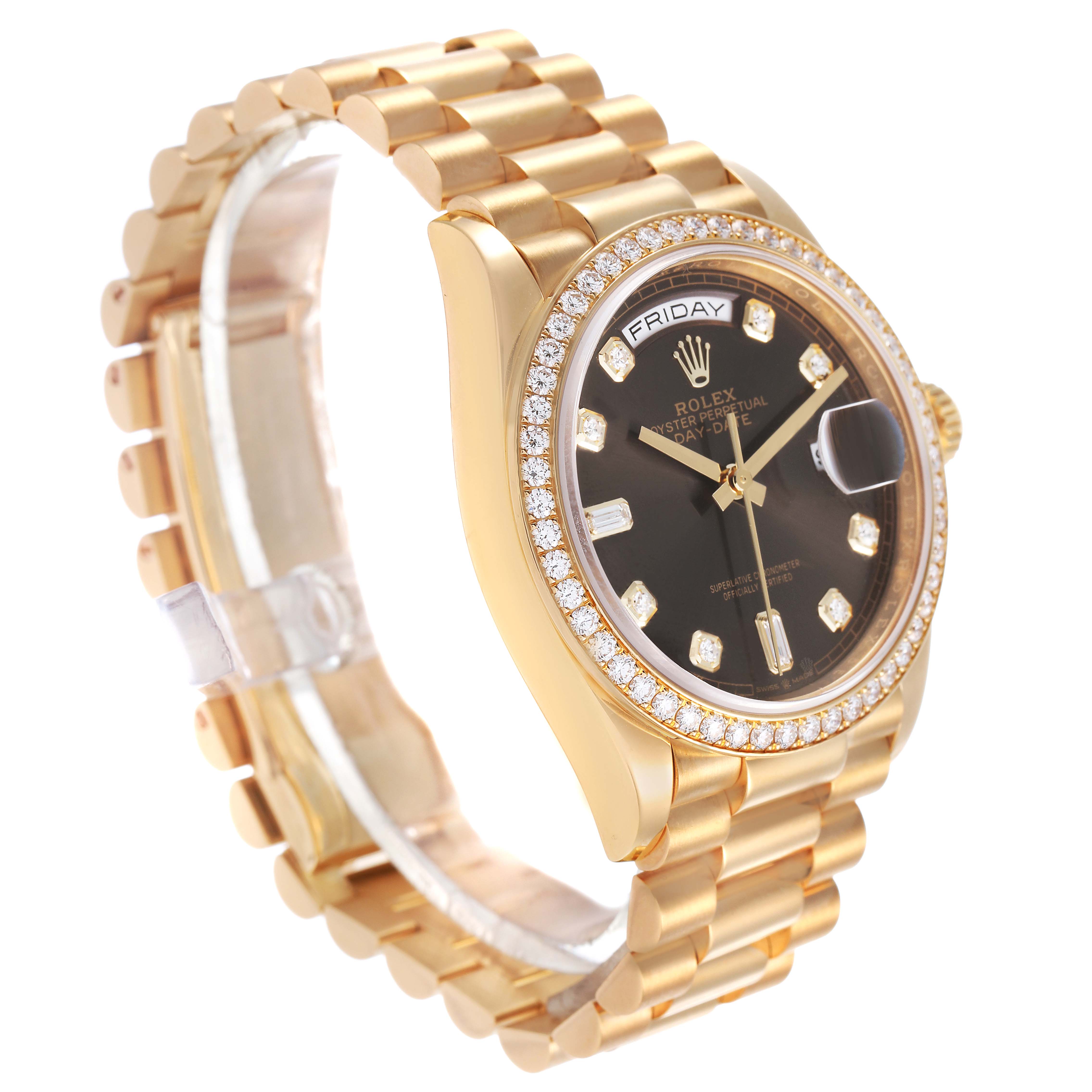 This image shows a Rolex President 128348 Men's Yellow Gold Brown Dial model watch from a three-quarter angle, showcasing the bracelet, dial, and diamond-encrusted bezel.