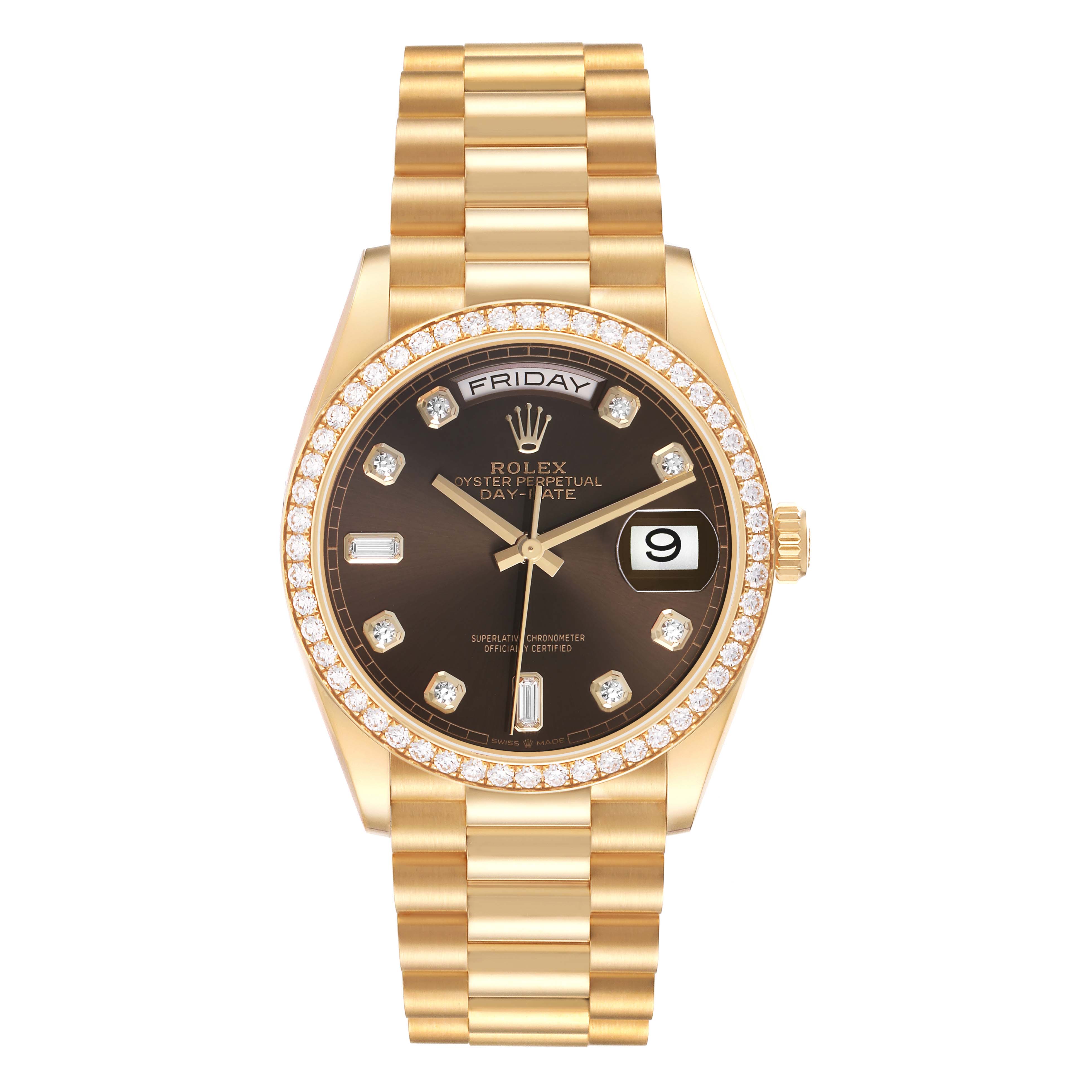 The Rolex President 128348 Men's Yellow Gold Brown Dial watch is shown from the front, displaying the face, bezel, and part of the bracelet.