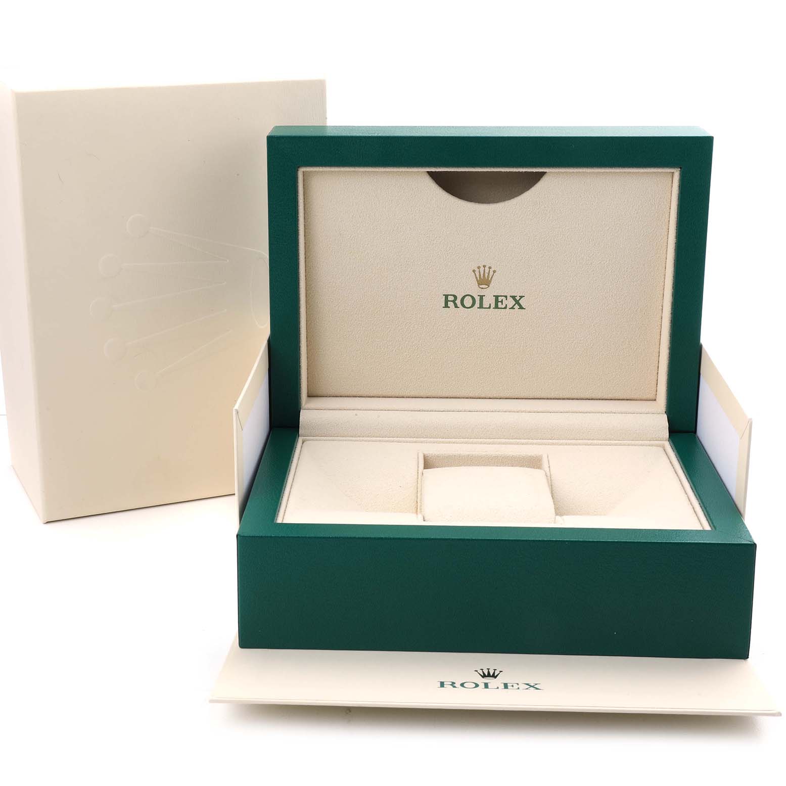 The image shows the open box of a Rolex President 128348 Men's Yellow Gold Brown Dial model, featuring a green and cream design with the Rolex logo.