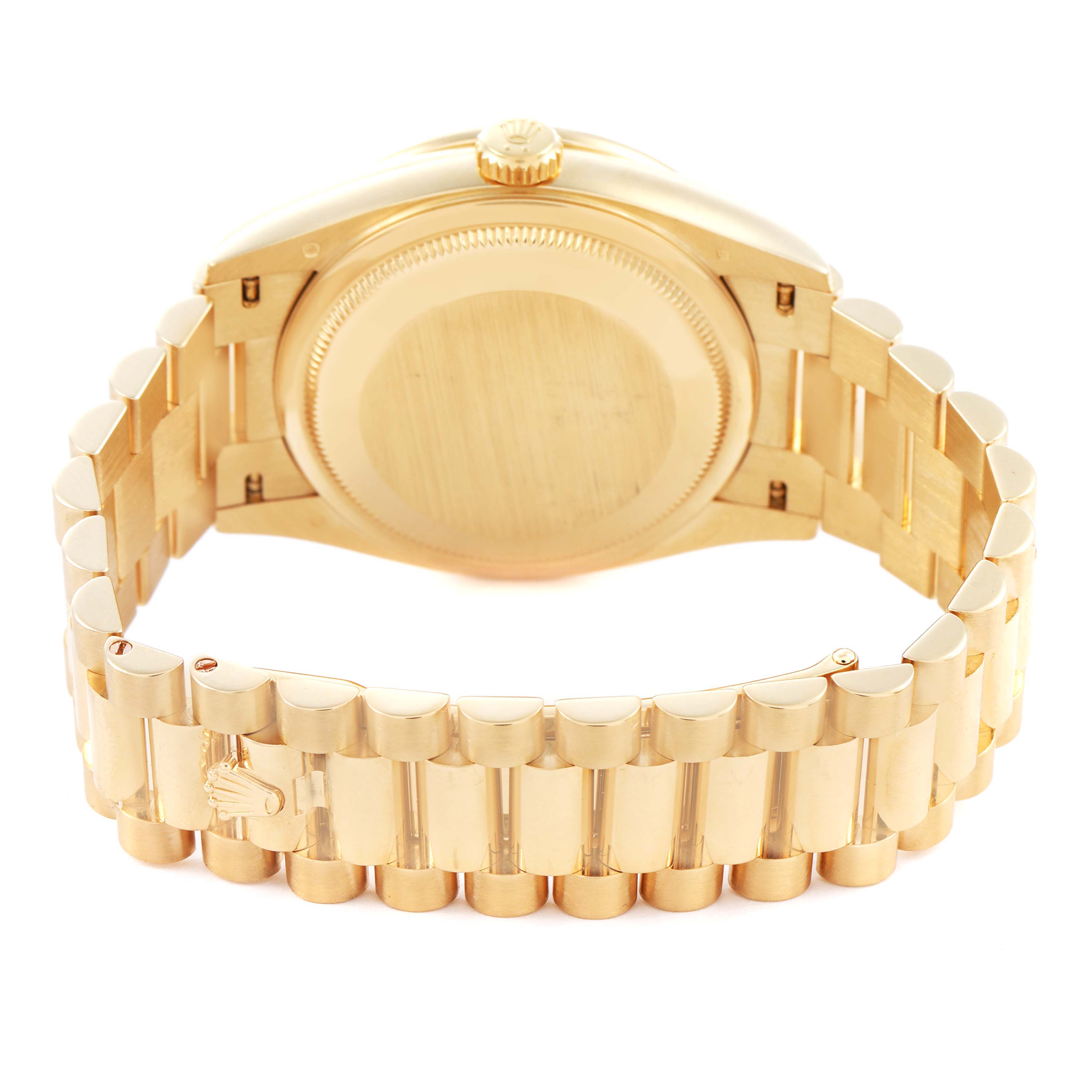 The image shows the back and side view of a Rolex President 128348 Men's Yellow Gold Brown Dial model watch, highlighting the gold case, bracelet, and clasp.