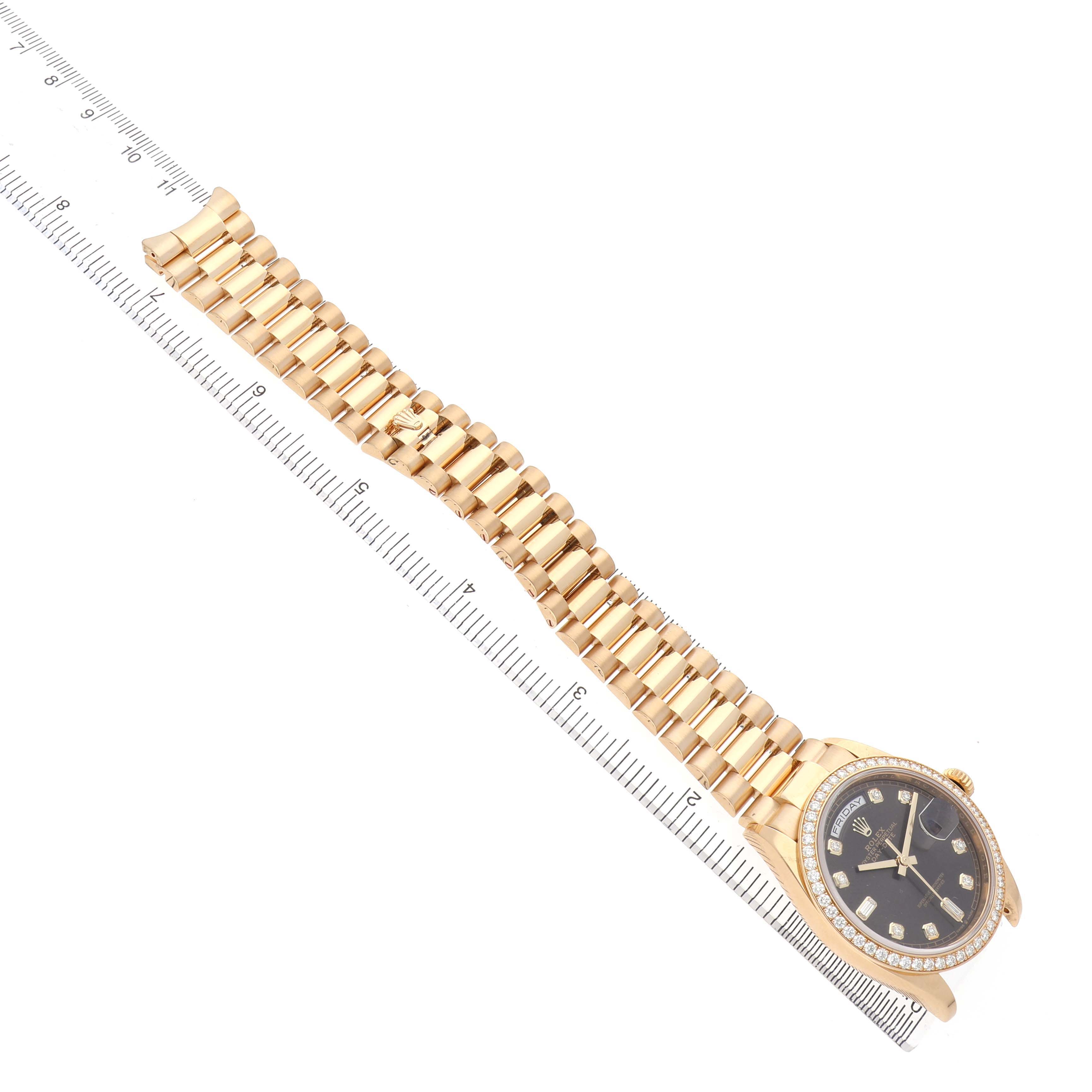 The Rolex President 128348 Men's Yellow Gold Brown Dial watch is shown from an angled top view, highlighting its gold bracelet and diamond-encrusted bezel.