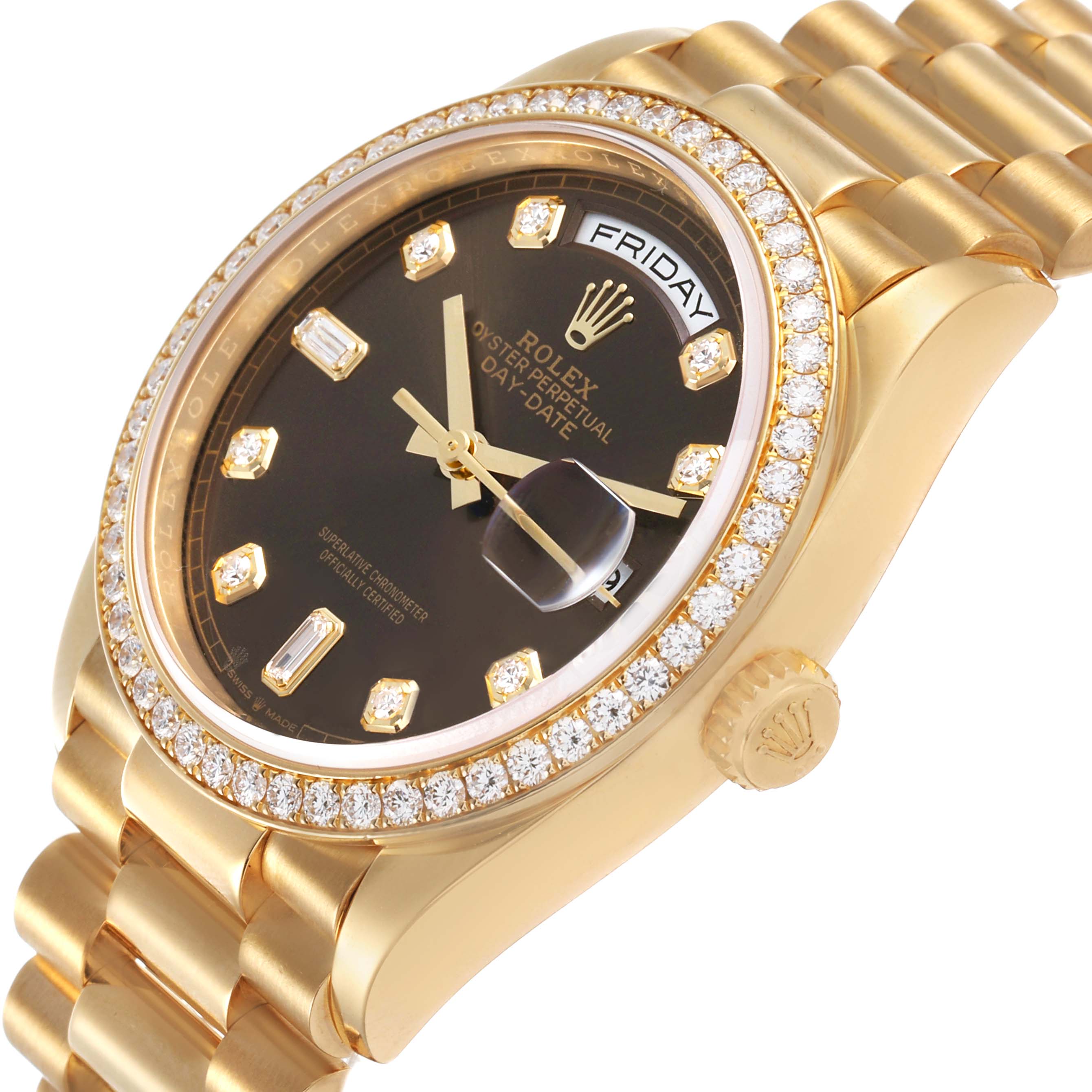 The image shows a Rolex President 128348 Men's Yellow Gold Brown Dial watch angled to display its diamond bezel, black dial, and gold bracelet.