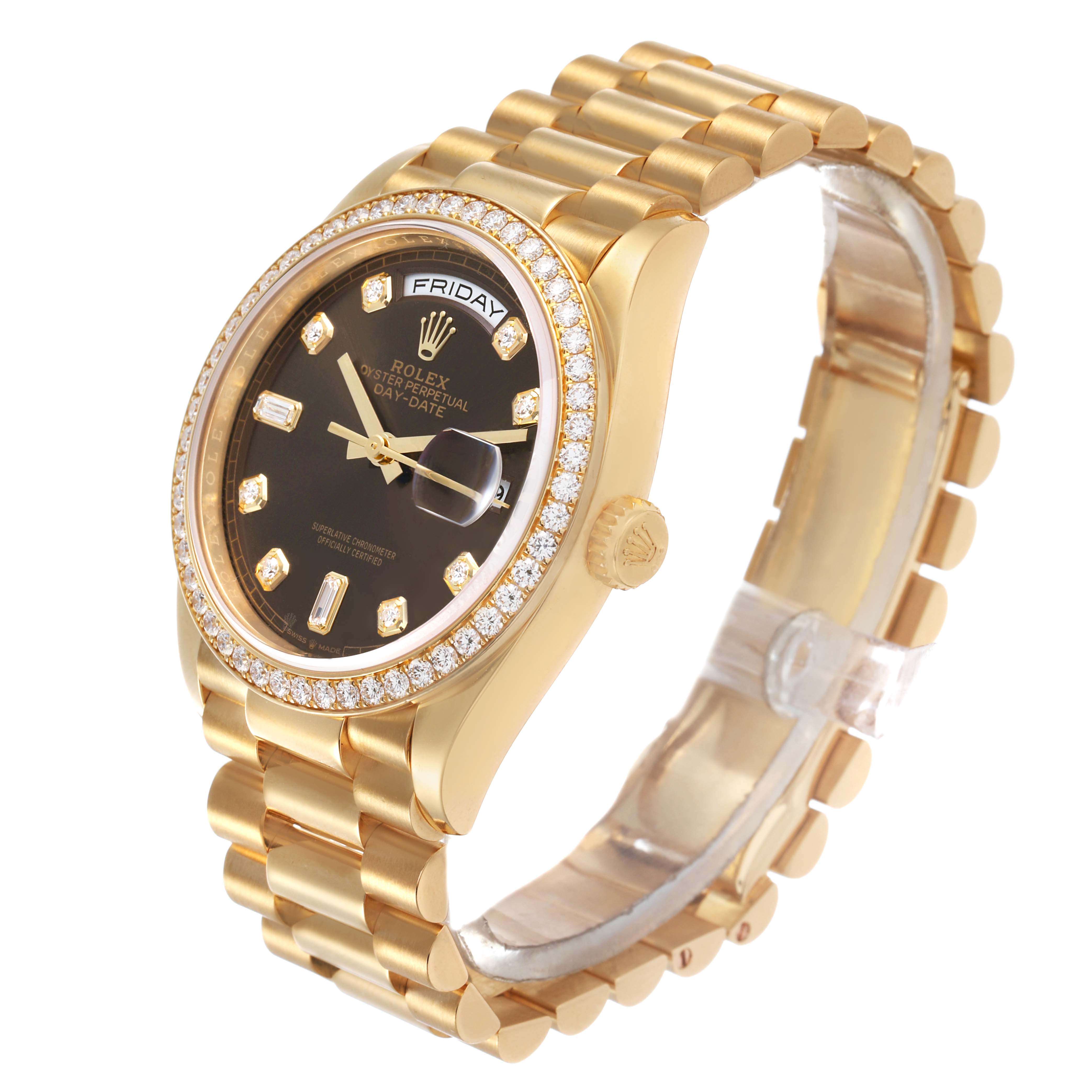 The Rolex President 128348 Men's Yellow Gold Brown Dial model is shown at a three-quarters angle, highlighting the dial, case, crown, and bracelet.