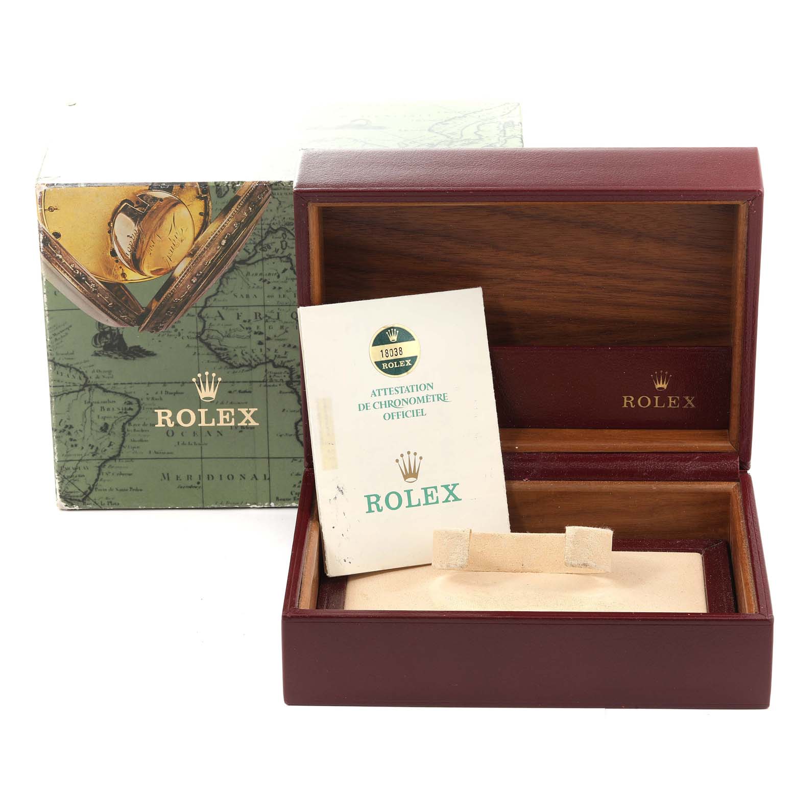 The image shows a Rolex President 18038 Men's Yellow Gold Champagne Dial 18038 Men's Yellow Gold Champagne Dial model watch box, warranty booklet, and outer box from a front angle.