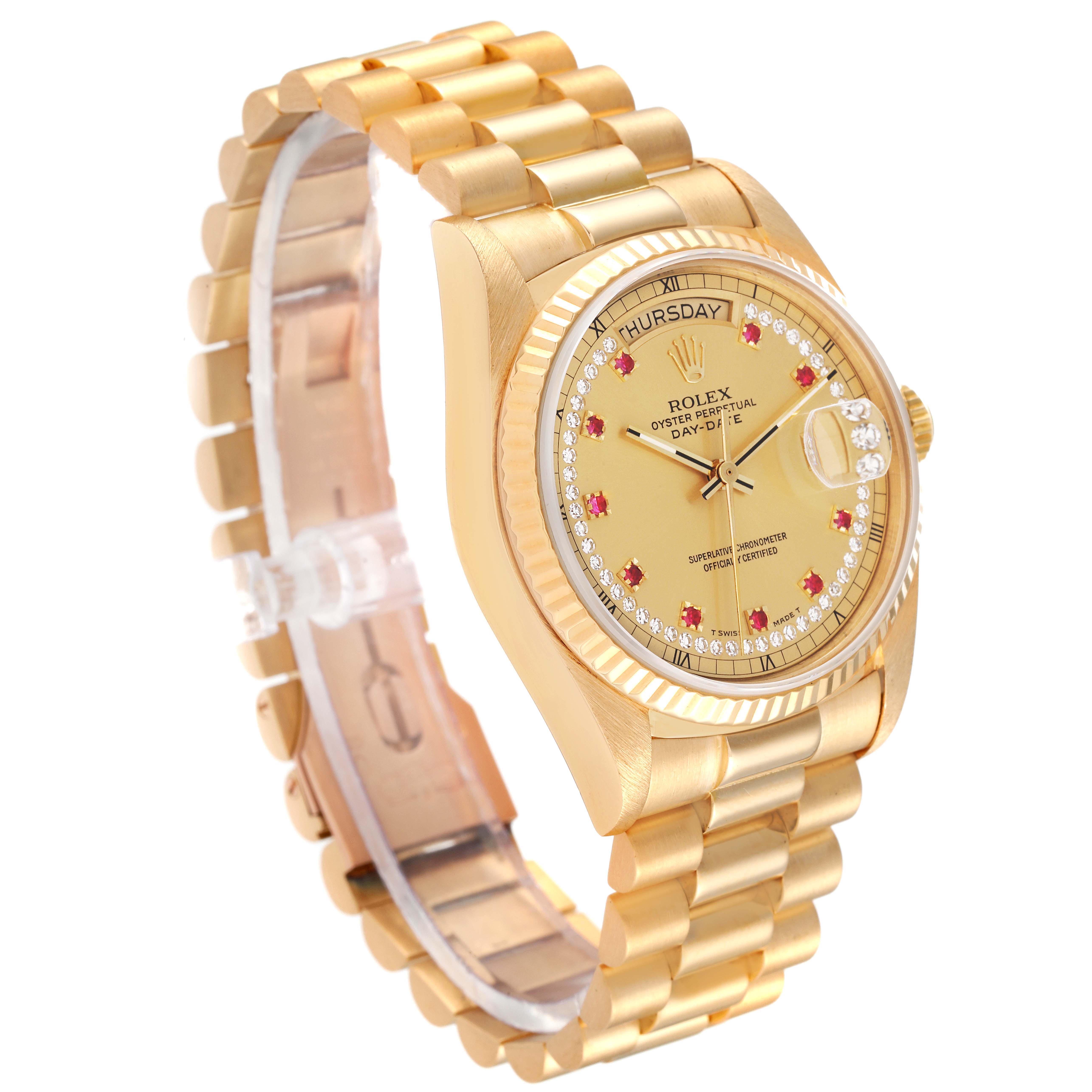 The image shows the Rolex President 18038 Men's Yellow Gold Champagne Dial 18038 Men's Yellow Gold Champagne Dial model watch at a slight angle, highlighting its gold case, bracelet, and detailed face.