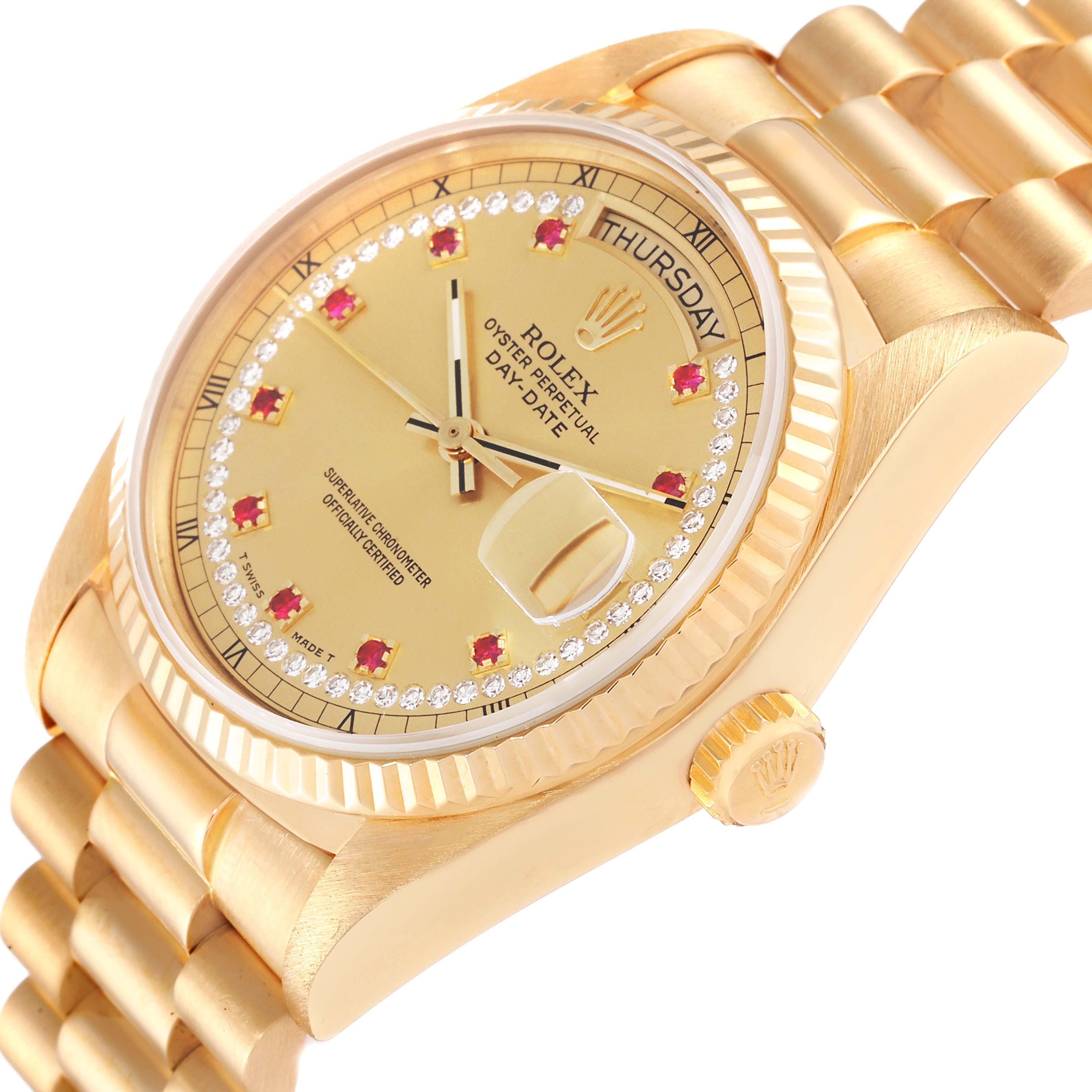 The image shows a Rolex President 18038 Men's Yellow Gold Champagne Dial 18038 Men's Yellow Gold Champagne Dial model watch at an angle, highlighting the face, bezel, crown, and part of the bracelet.