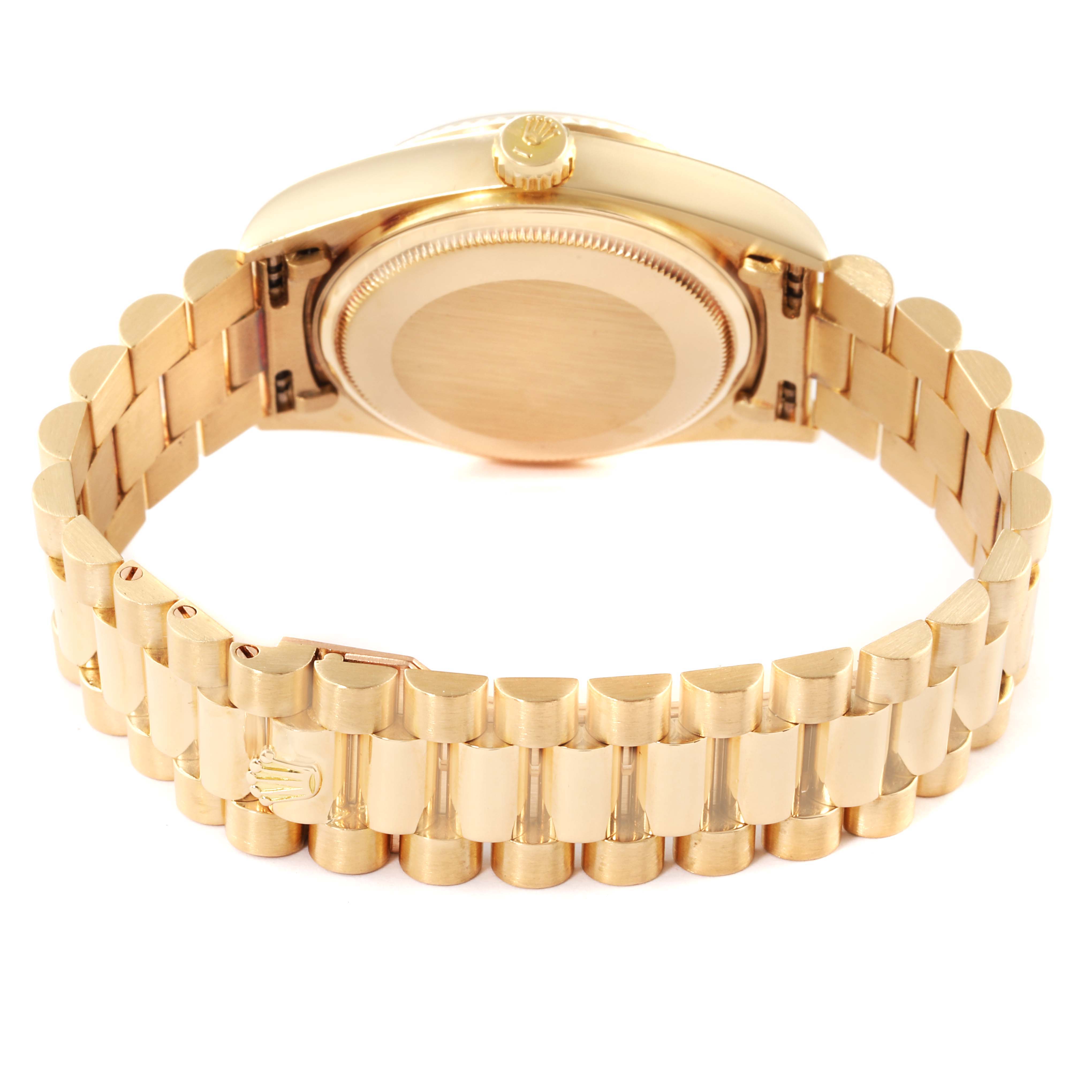 The image shows the back view of the Rolex President 18038 Men's Yellow Gold Champagne Dial 18038 Men's Yellow Gold Champagne Dial model, highlighting its bracelet and case back.