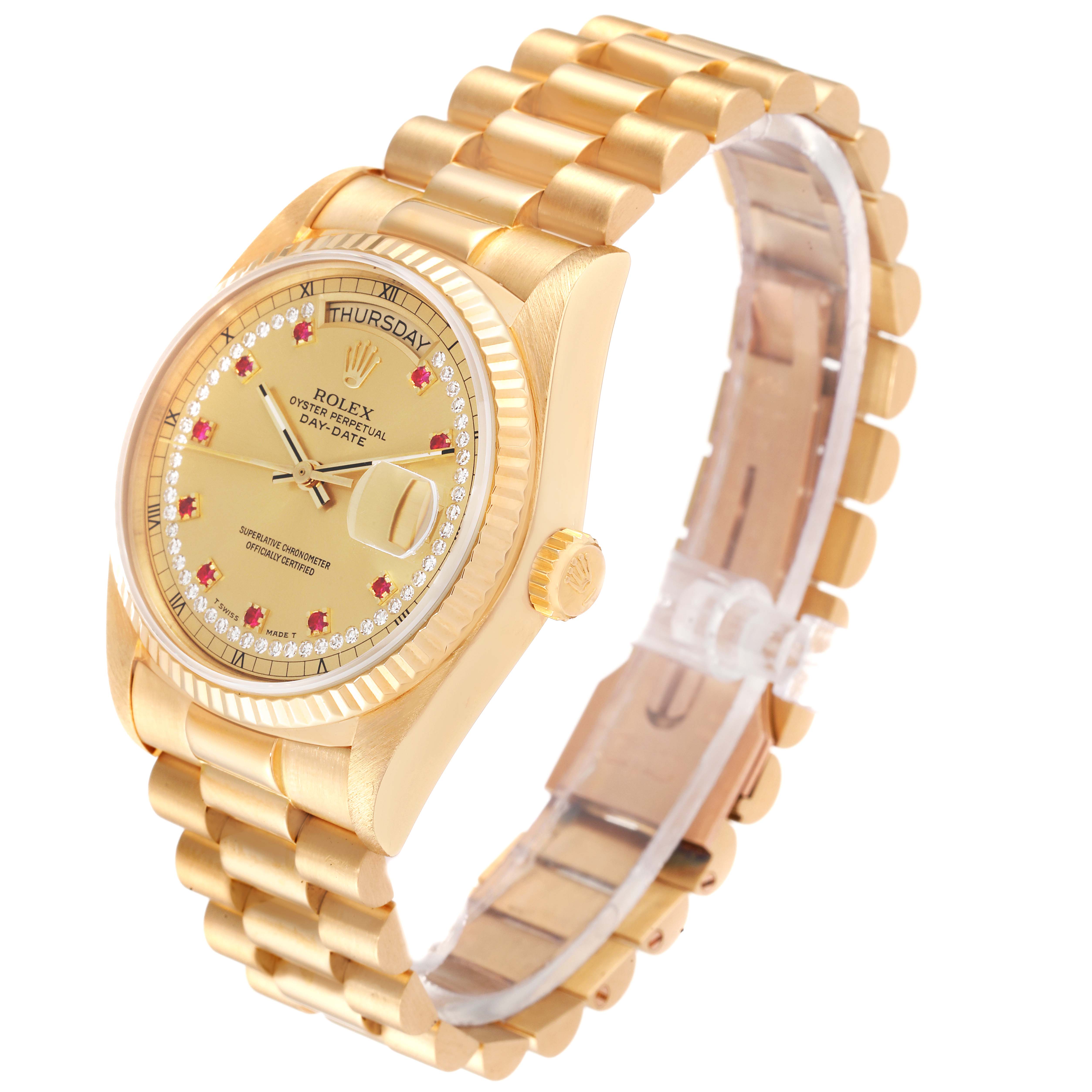 The image shows a Rolex President 18038 Men's Yellow Gold Champagne Dial 18038 Men's Yellow Gold Champagne Dial model watch at an angle highlighting its face, case, crown, and bracelet.