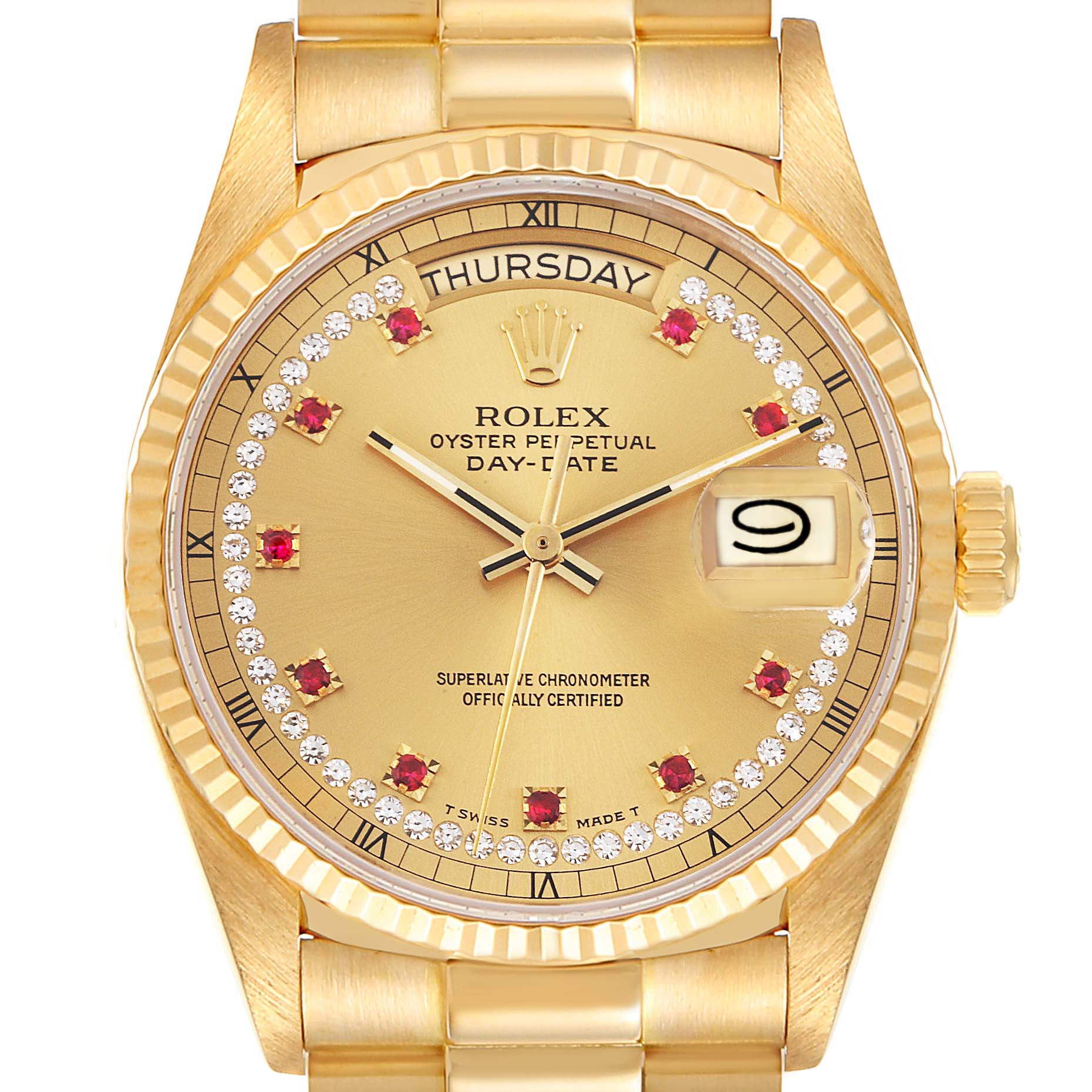 This is a close-up shot of a Rolex President 18038 Men's Yellow Gold Champagne Dial 18038 Men's Yellow Gold Champagne Dial model watch showing the dial, hands, day and date display, and bracelet.