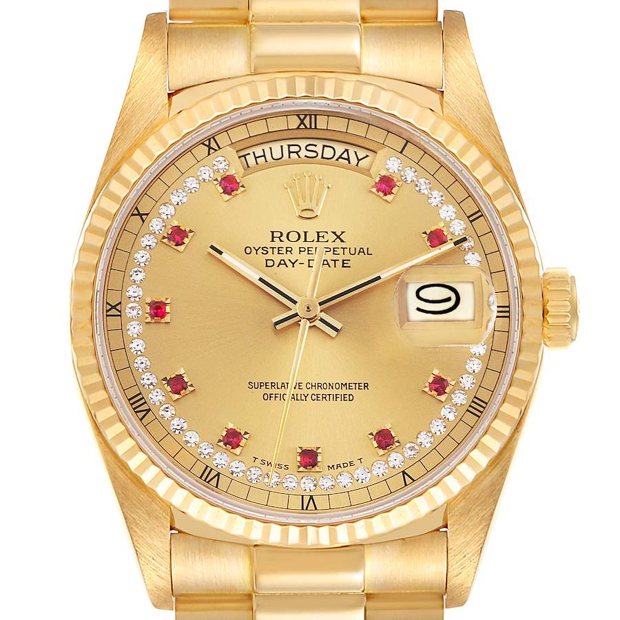 Rolex President Day-Date Yellow Gold Diamond Ruby Dial Watch 18038 Box Papers SwissWatchExpo